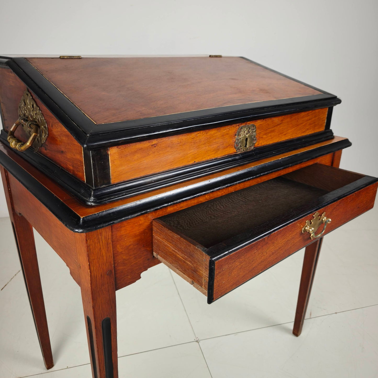 Exceptional 18th Century Indonesian Amboyna & Ebony Portable Writing Desk on Custom Stand