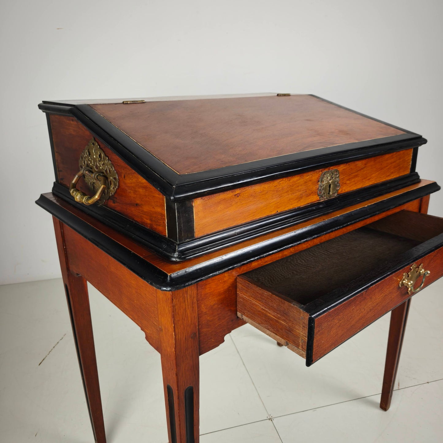 Exceptional 18th Century Indonesian Amboyna & Ebony Portable Writing Desk on Custom Stand