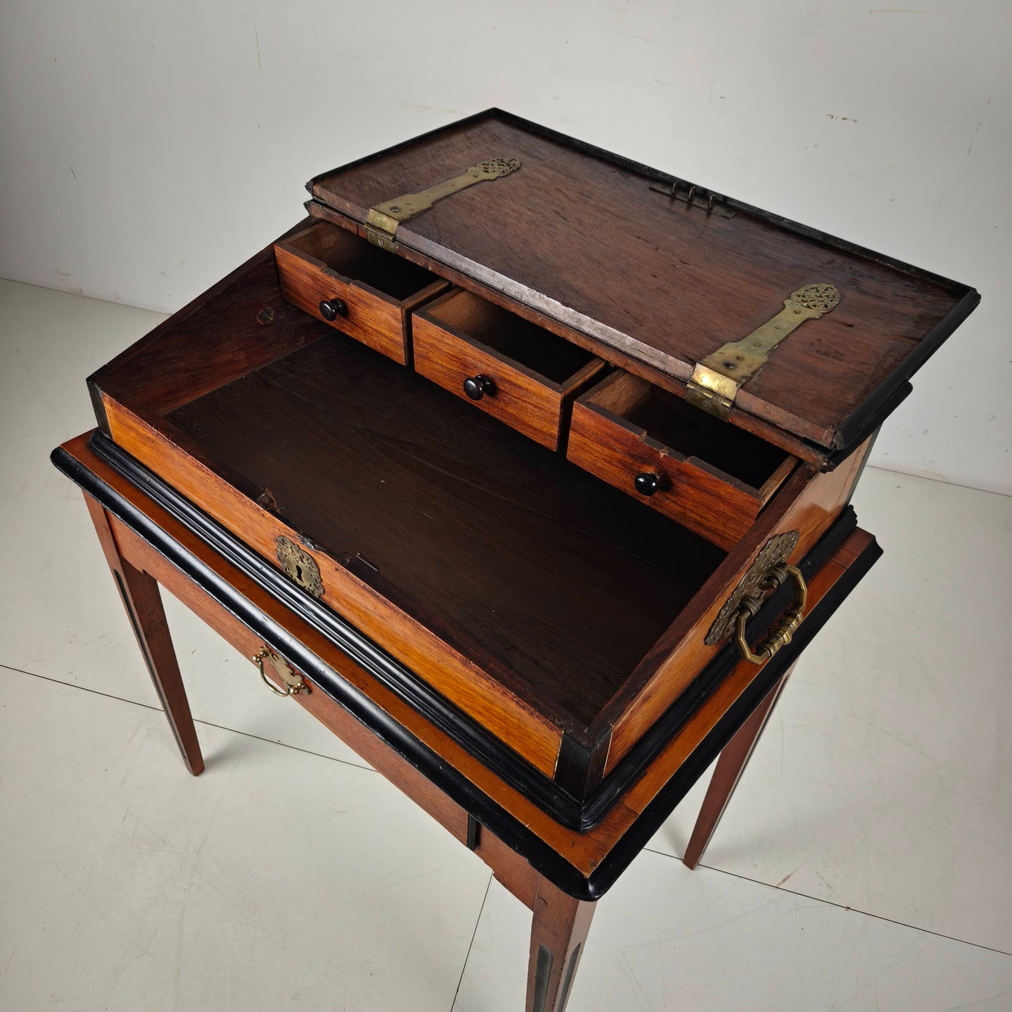Exceptional 18th Century Indonesian Amboyna & Ebony Portable Writing Desk on Custom Stand