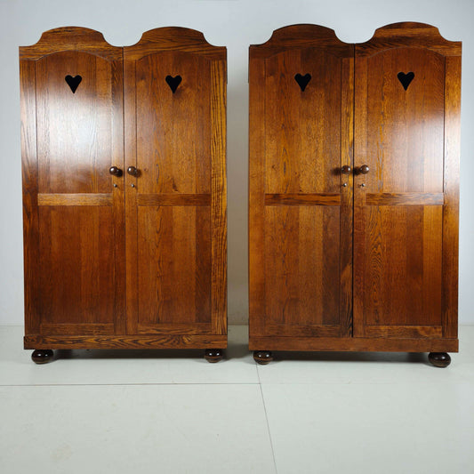 Pair of Belgian Oak Wardrobes with Heart Motif, 20th Century Pair of Belgian Oak Wardrobes with Heart Motif, 20th Century