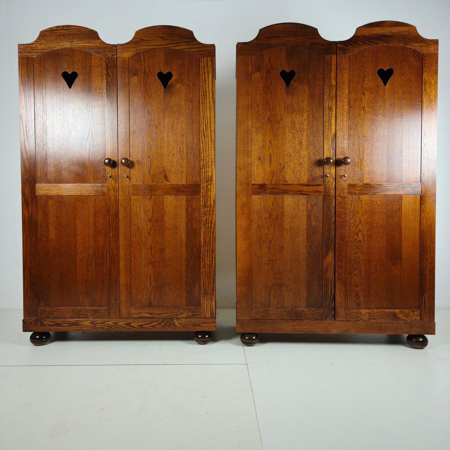 Pair of Belgian Oak Wardrobes with Heart Motif, 20th Century