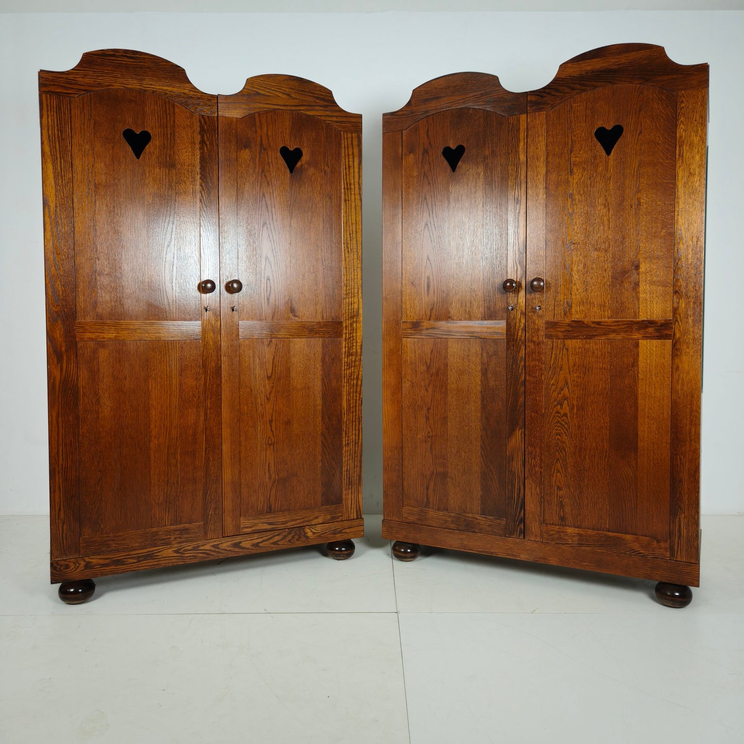 Pair of Belgian Oak Wardrobes with Heart Motif, 20th Century