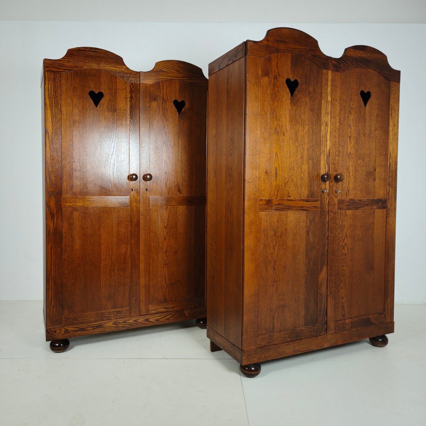 Pair of Belgian Oak Wardrobes with Heart Motif, 20th Century