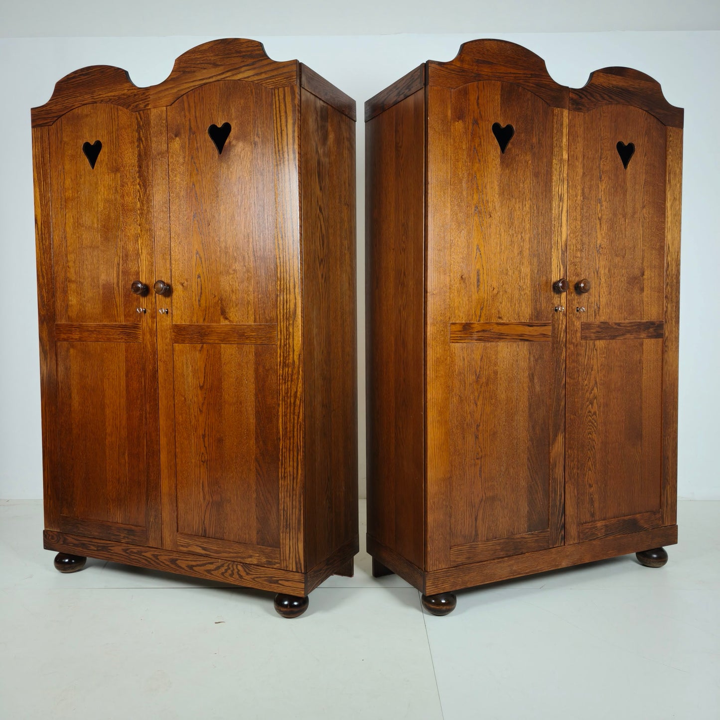 Pair of Belgian Oak Wardrobes with Heart Motif, 20th Century