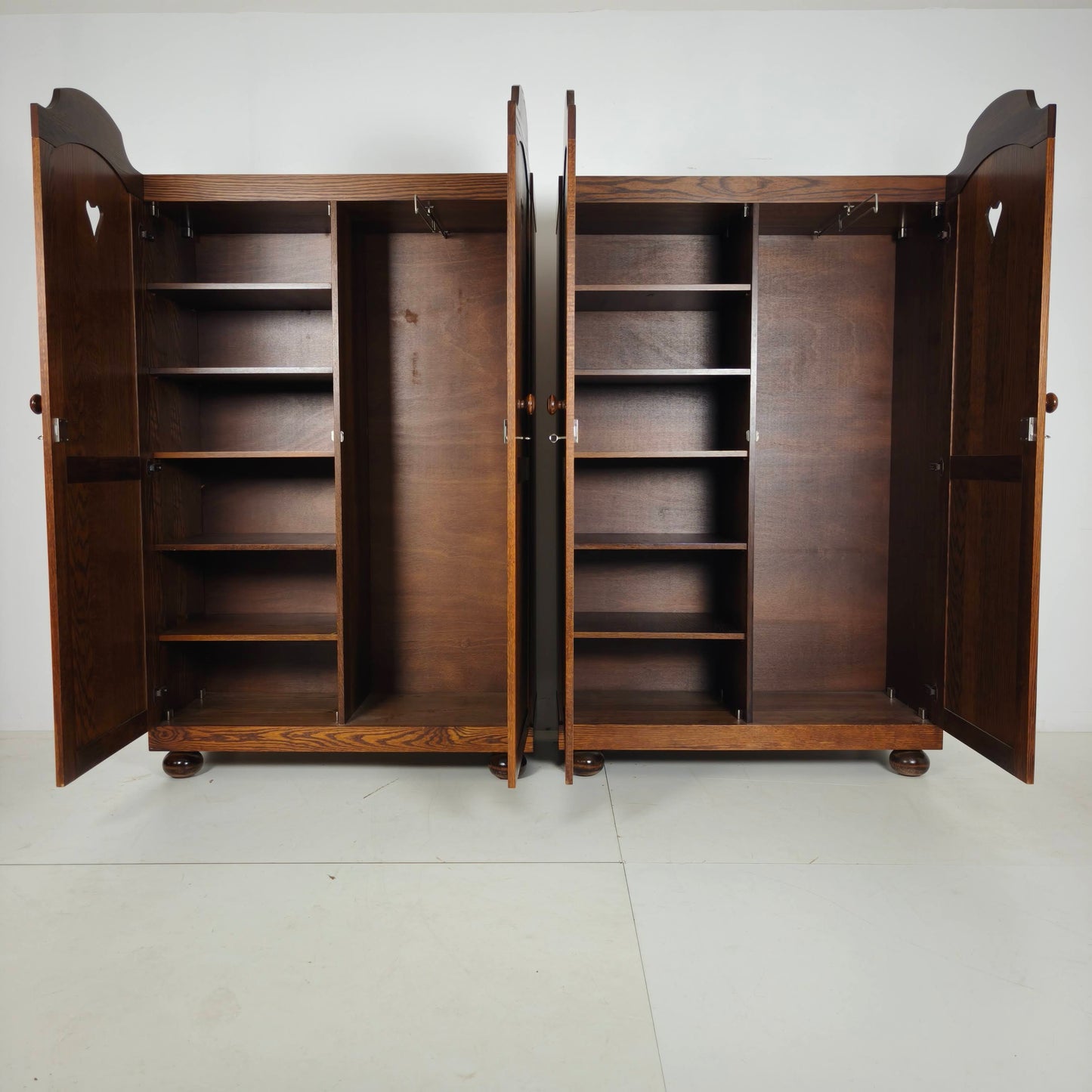 Pair of Belgian Oak Wardrobes with Heart Motif, 20th Century