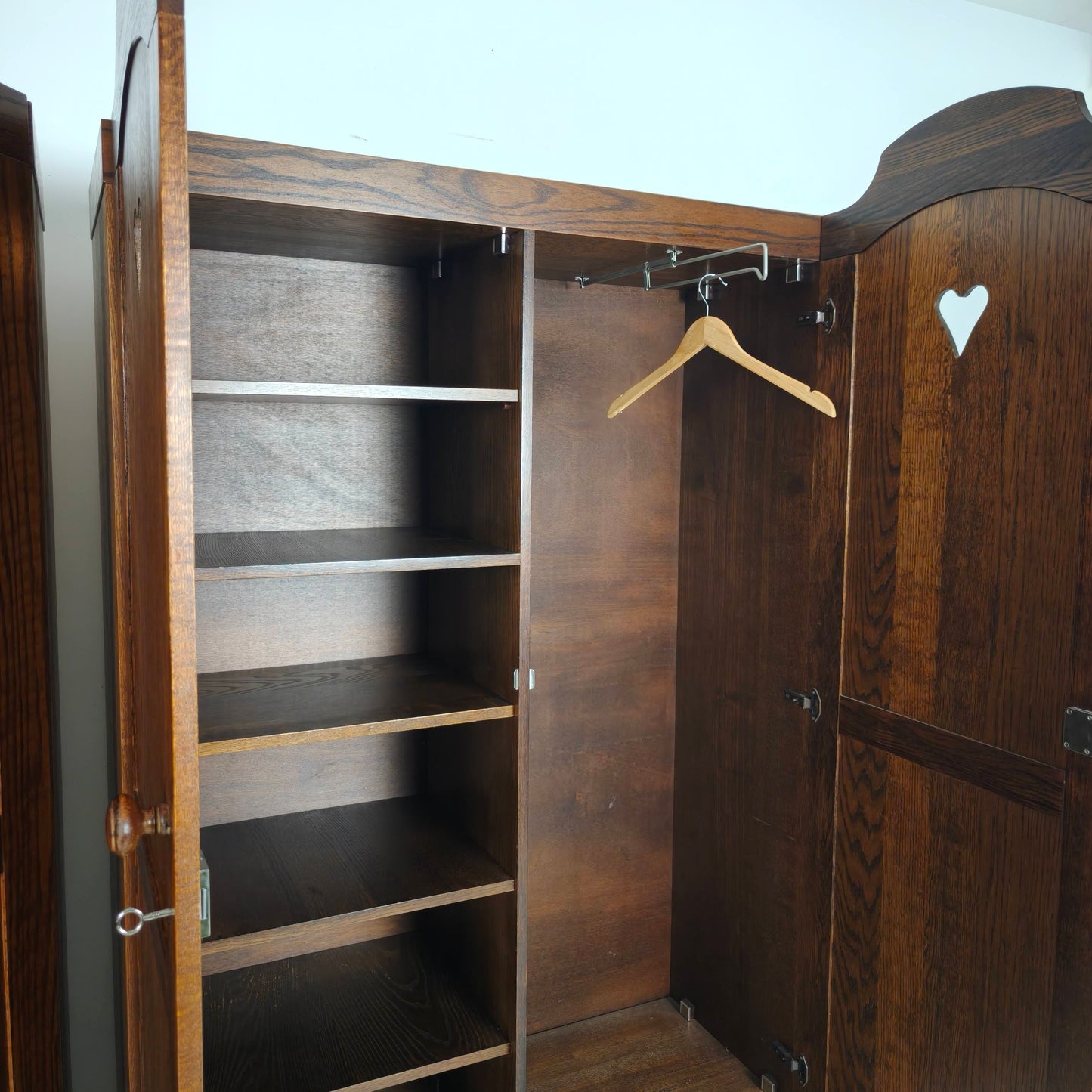 Pair of Belgian Oak Wardrobes with Heart Motif, 20th Century