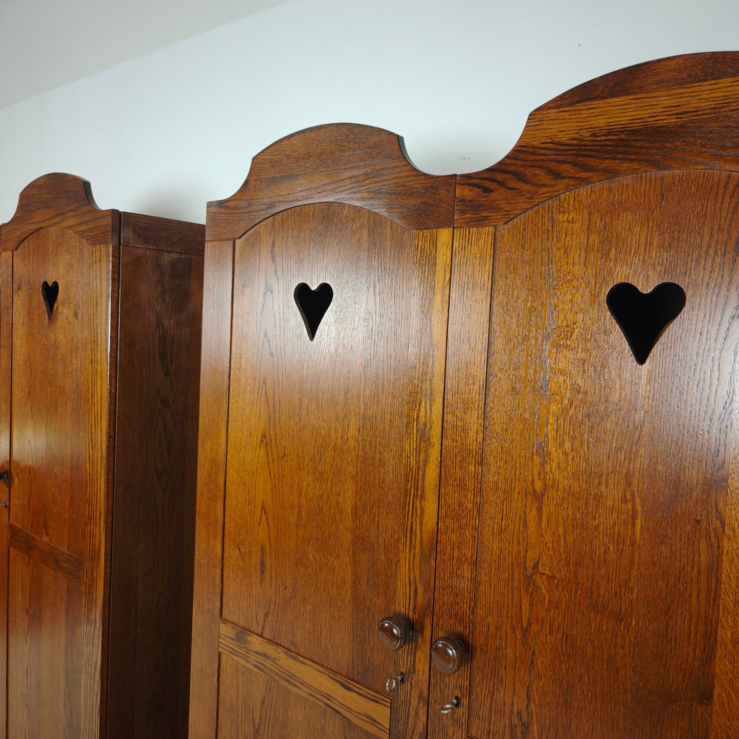 Pair of Belgian Oak Wardrobes with Heart Motif, 20th Century