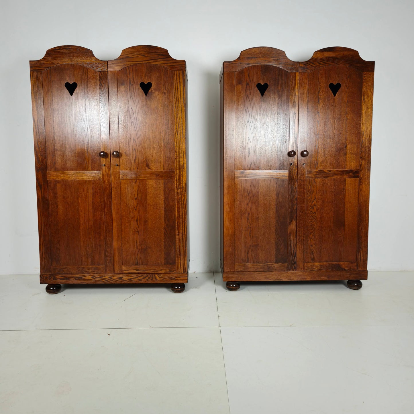 Pair of Belgian Oak Wardrobes with Heart Motif, 20th Century
