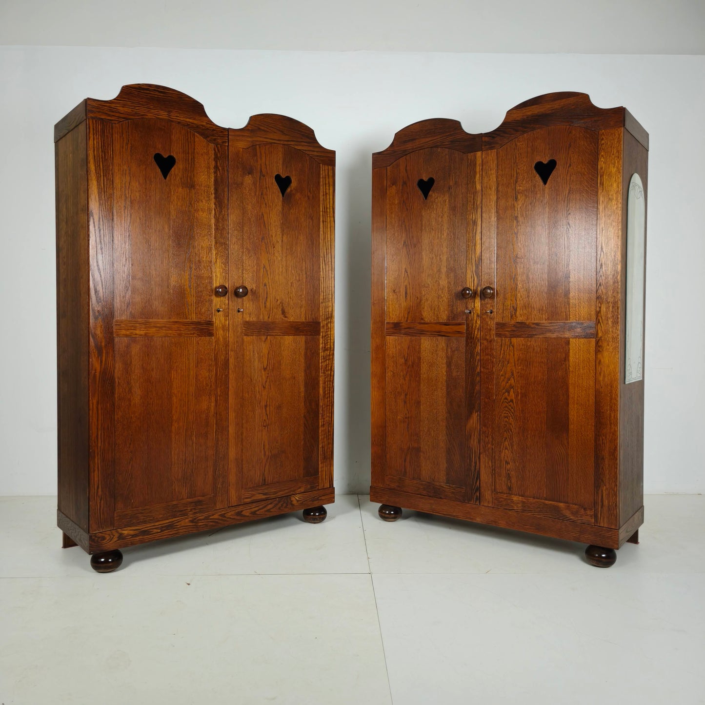 Pair of Belgian Oak Wardrobes with Heart Motif, 20th Century