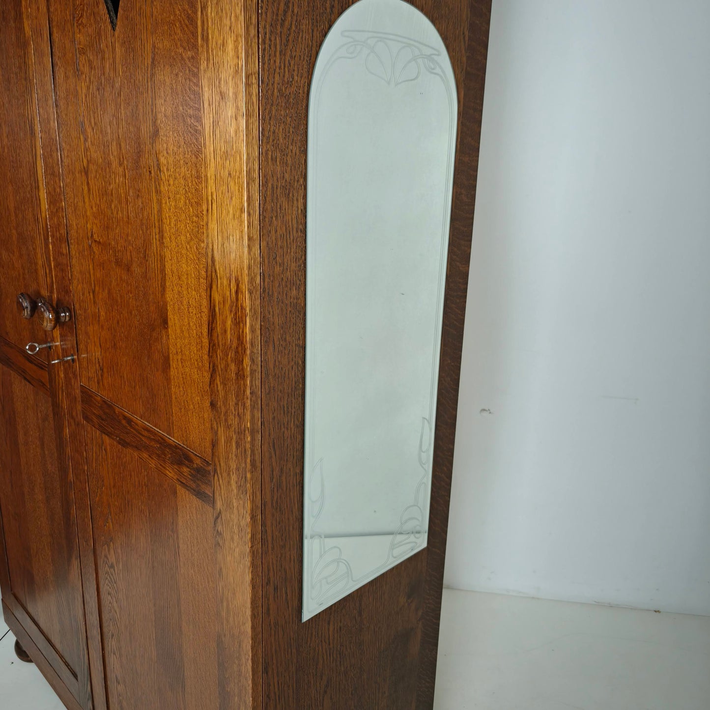 Pair of Belgian Oak Wardrobes with Heart Motif, 20th Century