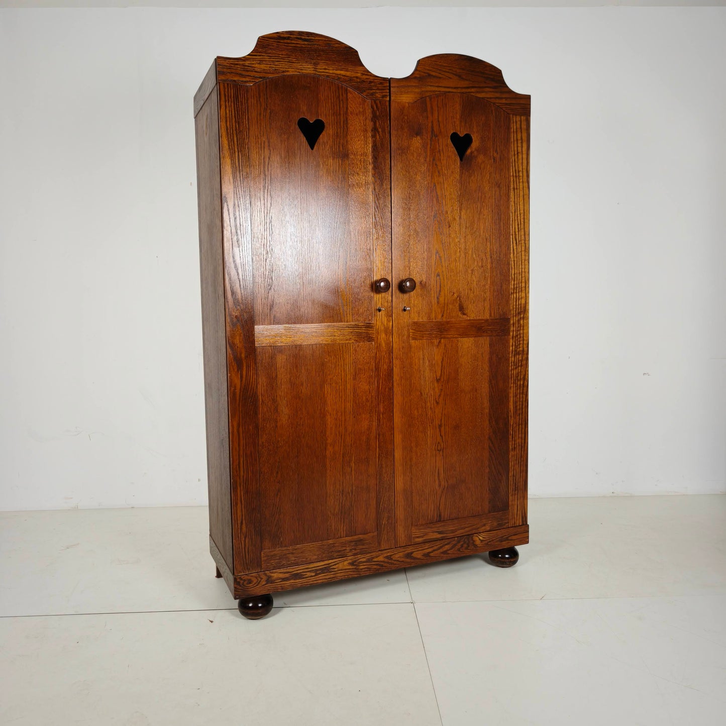 Pair of Belgian Oak Wardrobes with Heart Motif, 20th Century