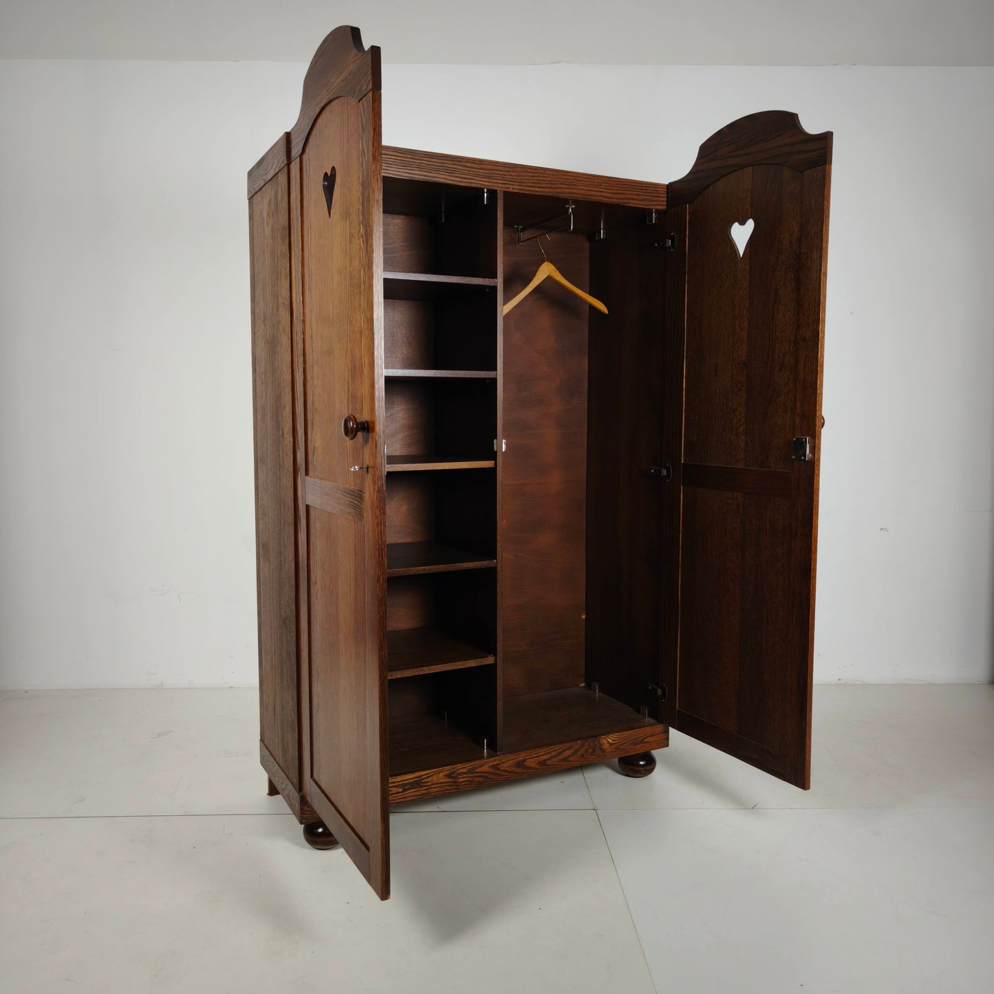 Pair of Belgian Oak Wardrobes with Heart Motif, 20th Century