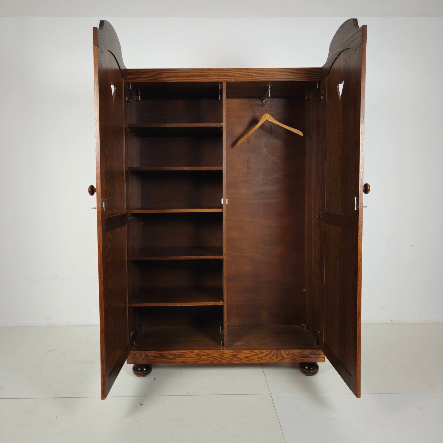 Pair of Belgian Oak Wardrobes with Heart Motif, 20th Century