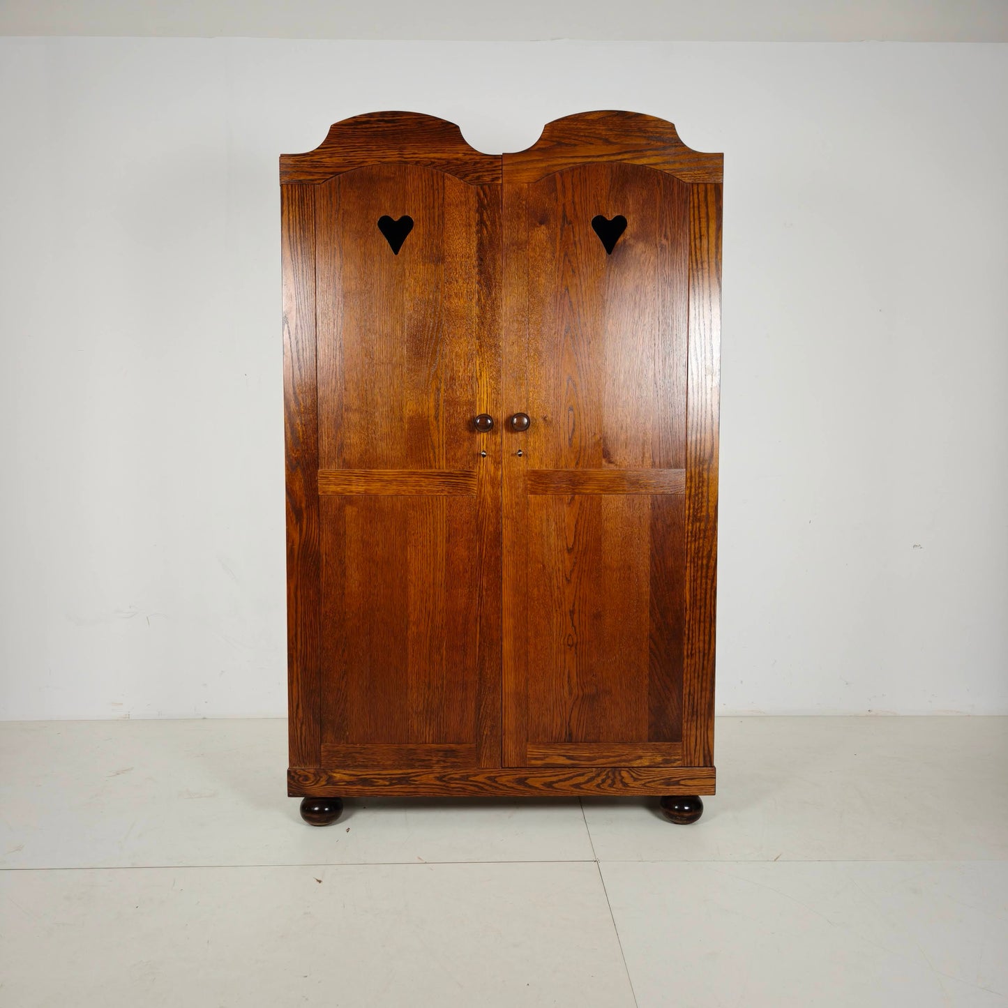 Pair of Belgian Oak Wardrobes with Heart Motif, 20th Century