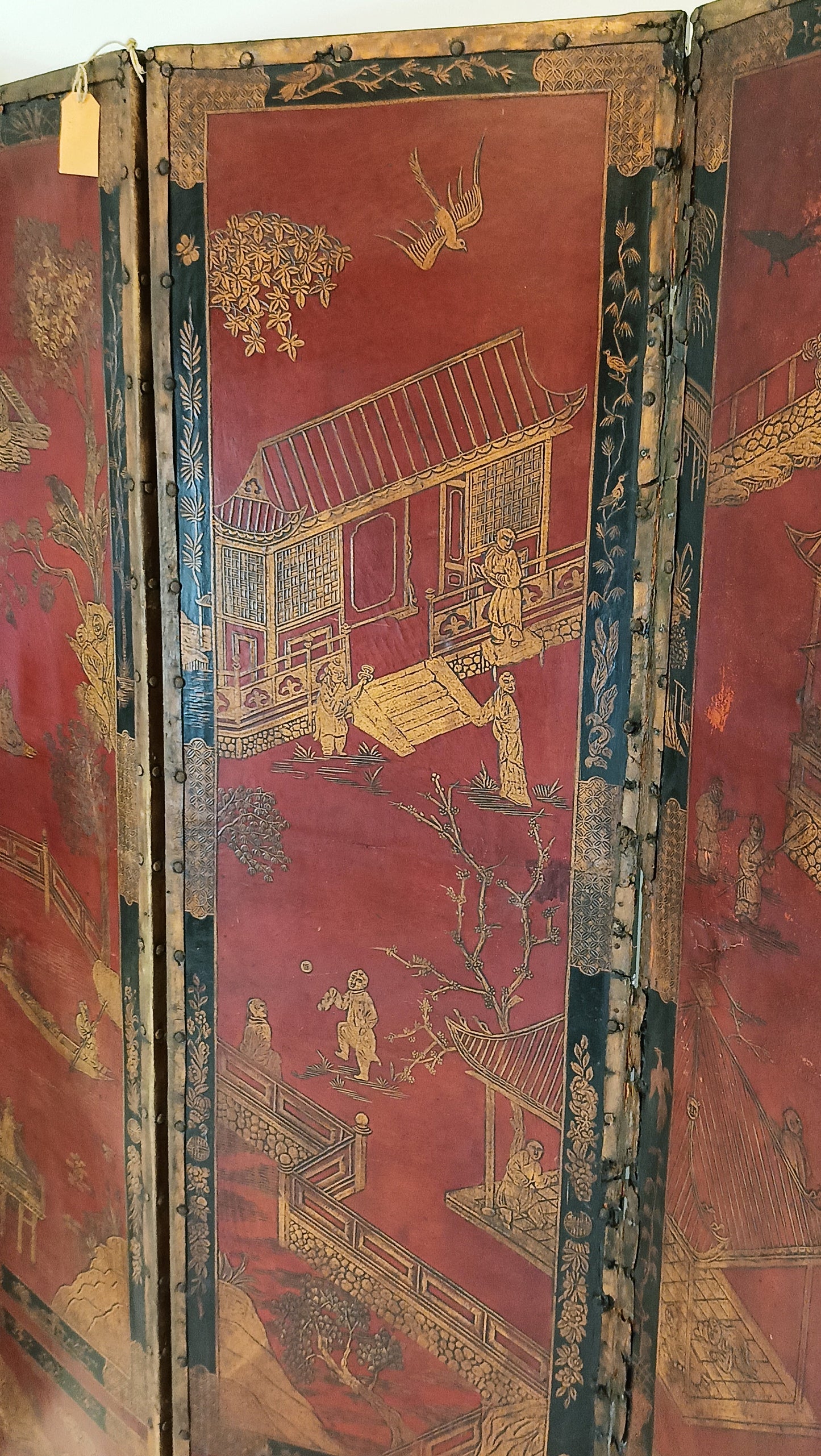 Antique Chinoiserie Leather Screen Antique Chinoiserie Leather Screen