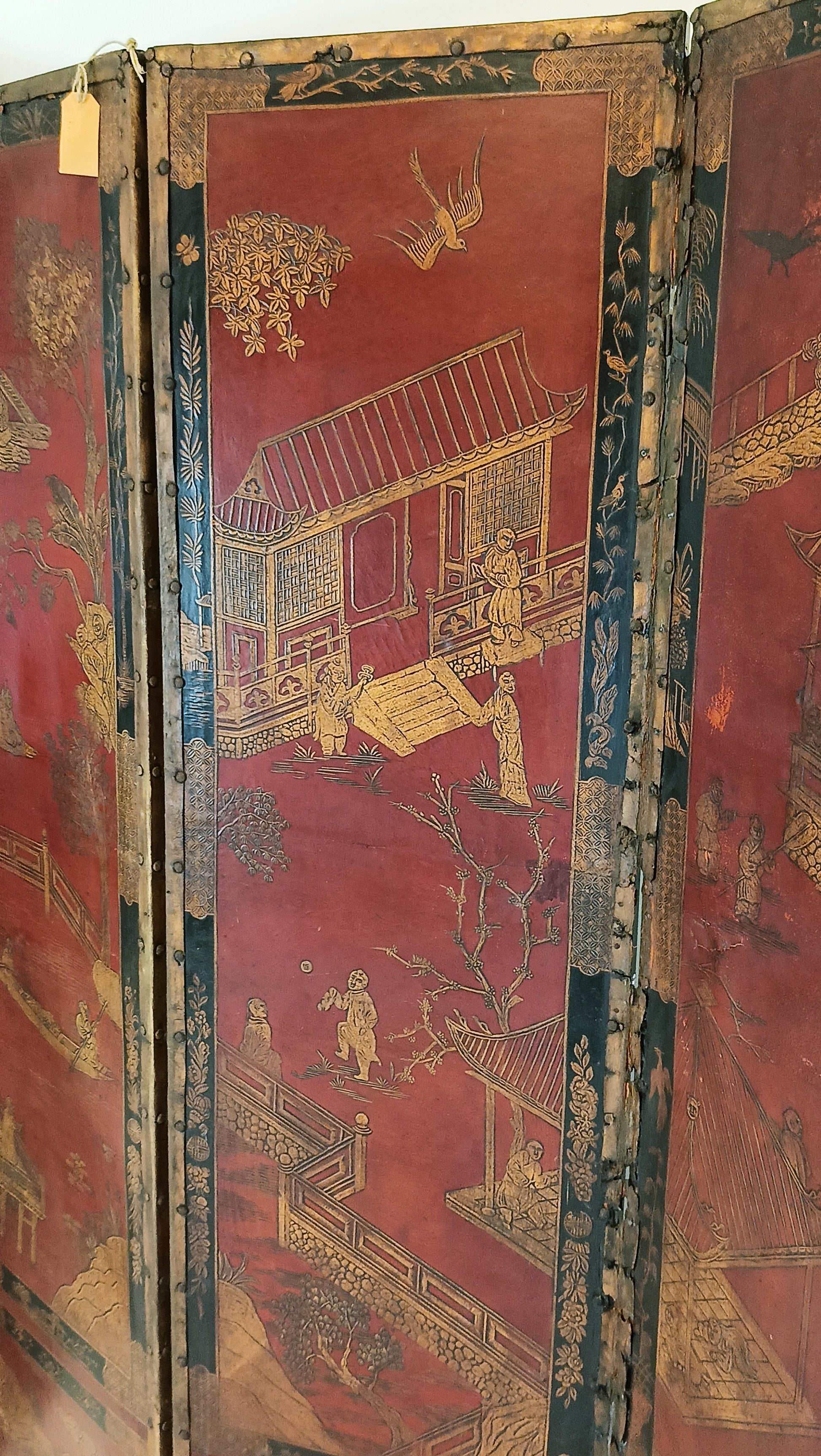 Antique Chinoiserie Leather Screen Antique Chinoiserie Leather Screen