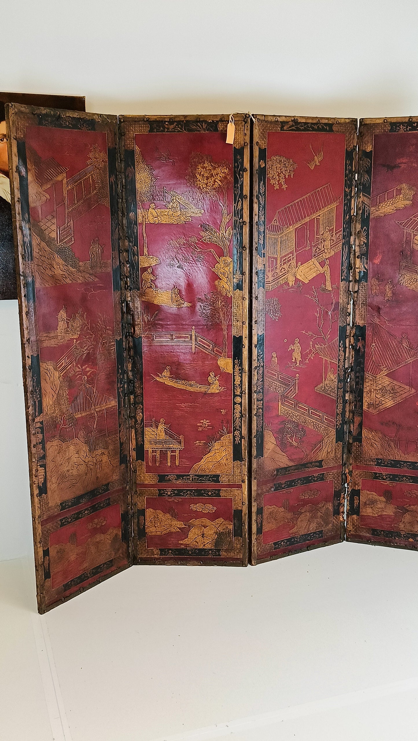 Antique Chinoiserie Leather Screen Antique Chinoiserie Leather Screen
