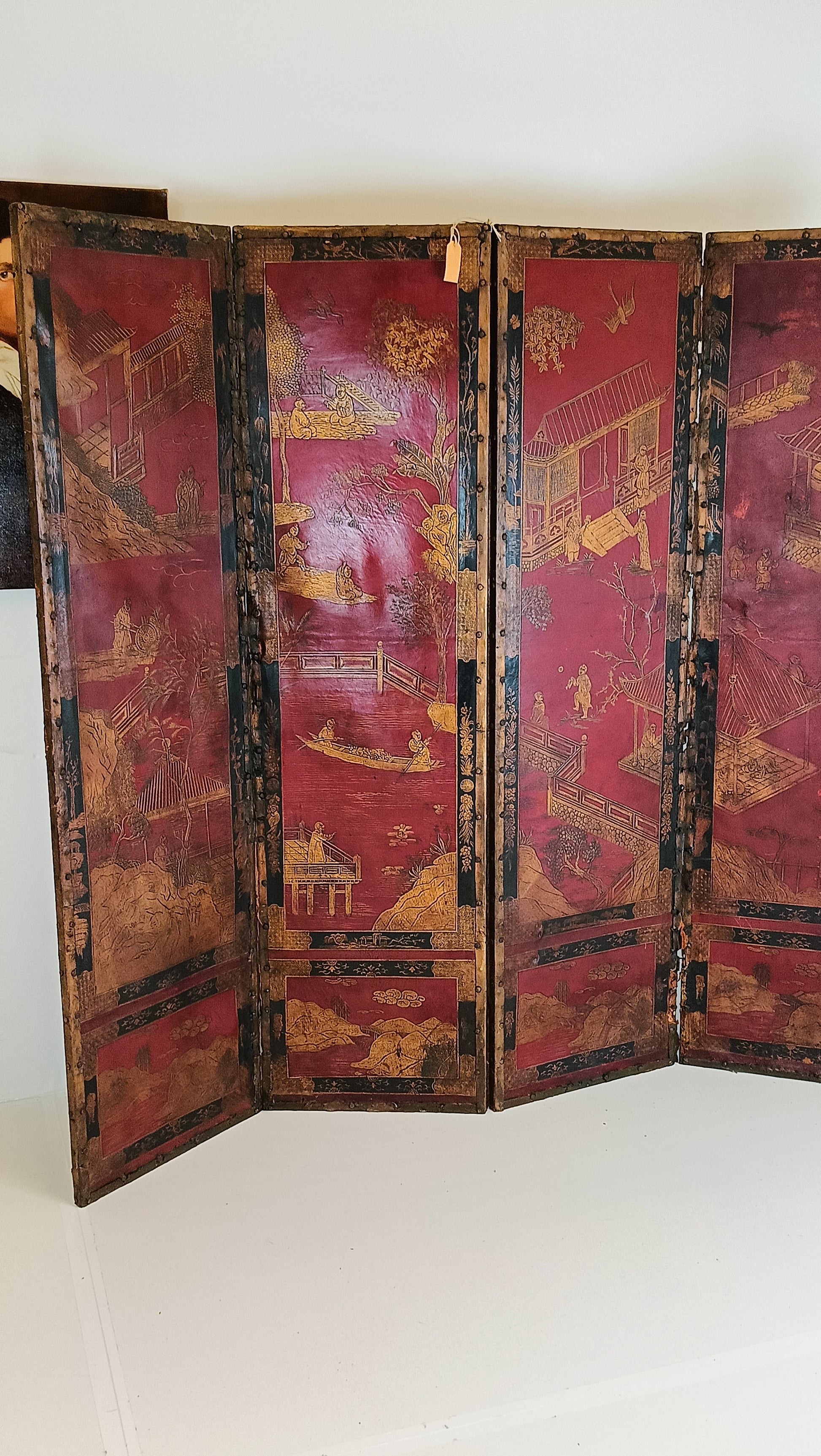 Antique Chinoiserie Leather Screen Antique Chinoiserie Leather Screen