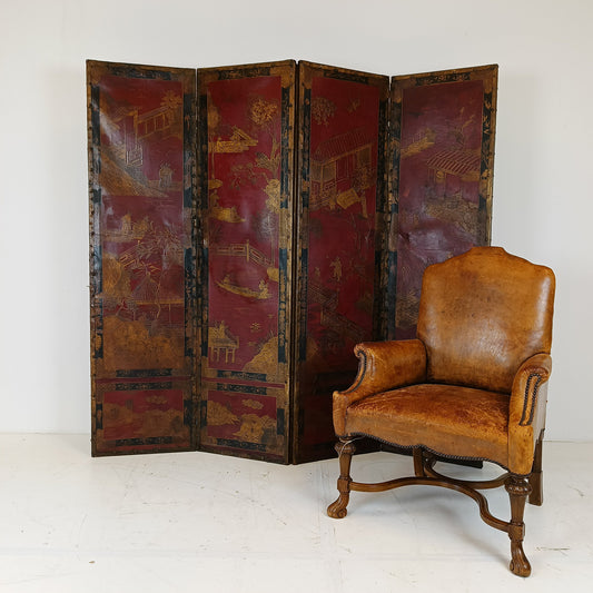 Antique Chinoiserie Leather Screen Antique Chinoiserie Leather Screen