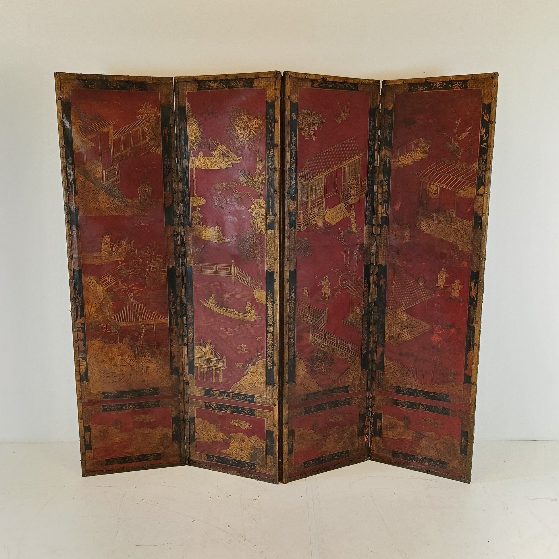 Antique Chinoiserie Leather Screen Antique Chinoiserie Leather Screen
