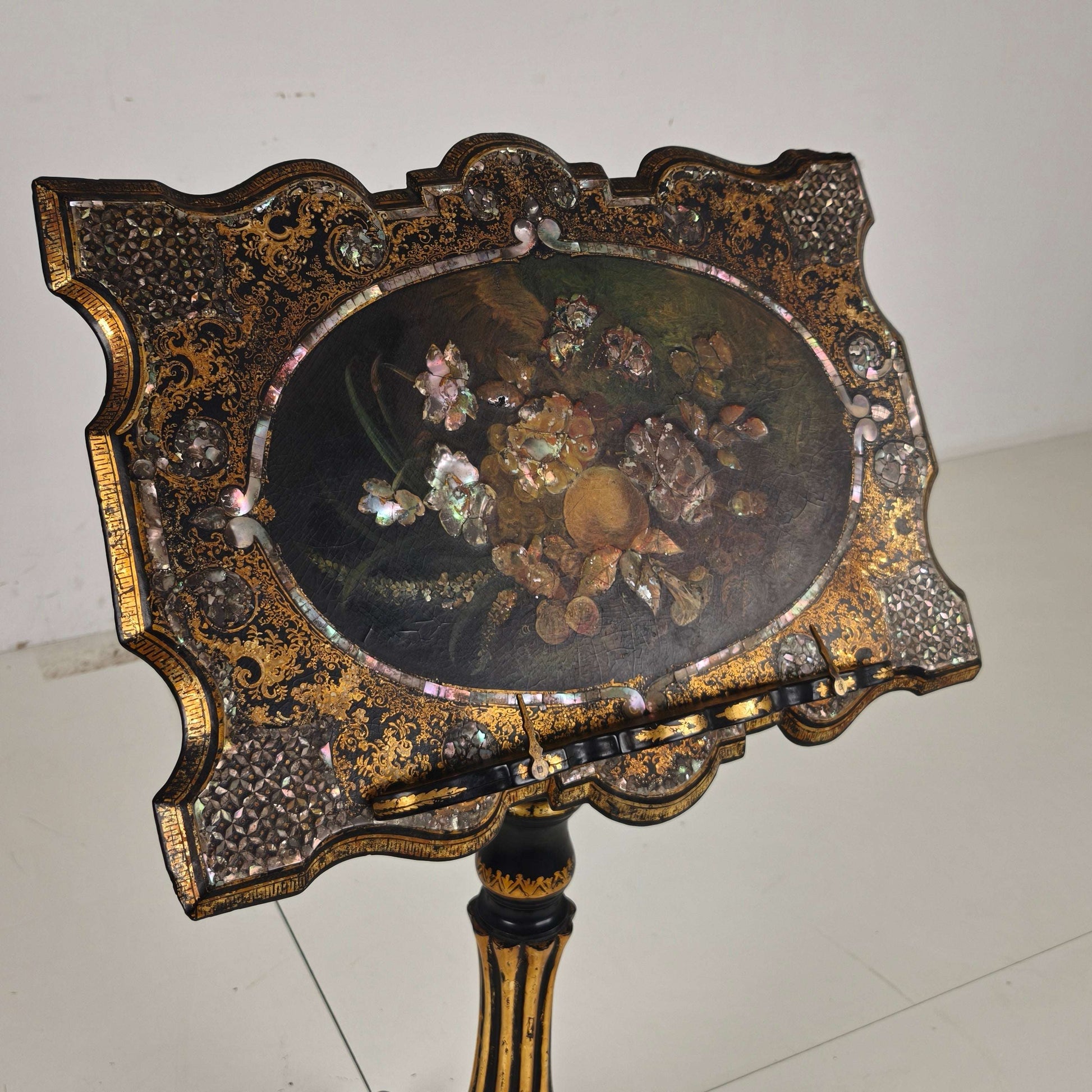 Antique French Papier-Mâché Lacquer Music Stand with Mother of Pearl Inlay c.1880 Antique French Papier-Mâché Lacquer Music Stand with Mother of Pearl Inlay c.1880