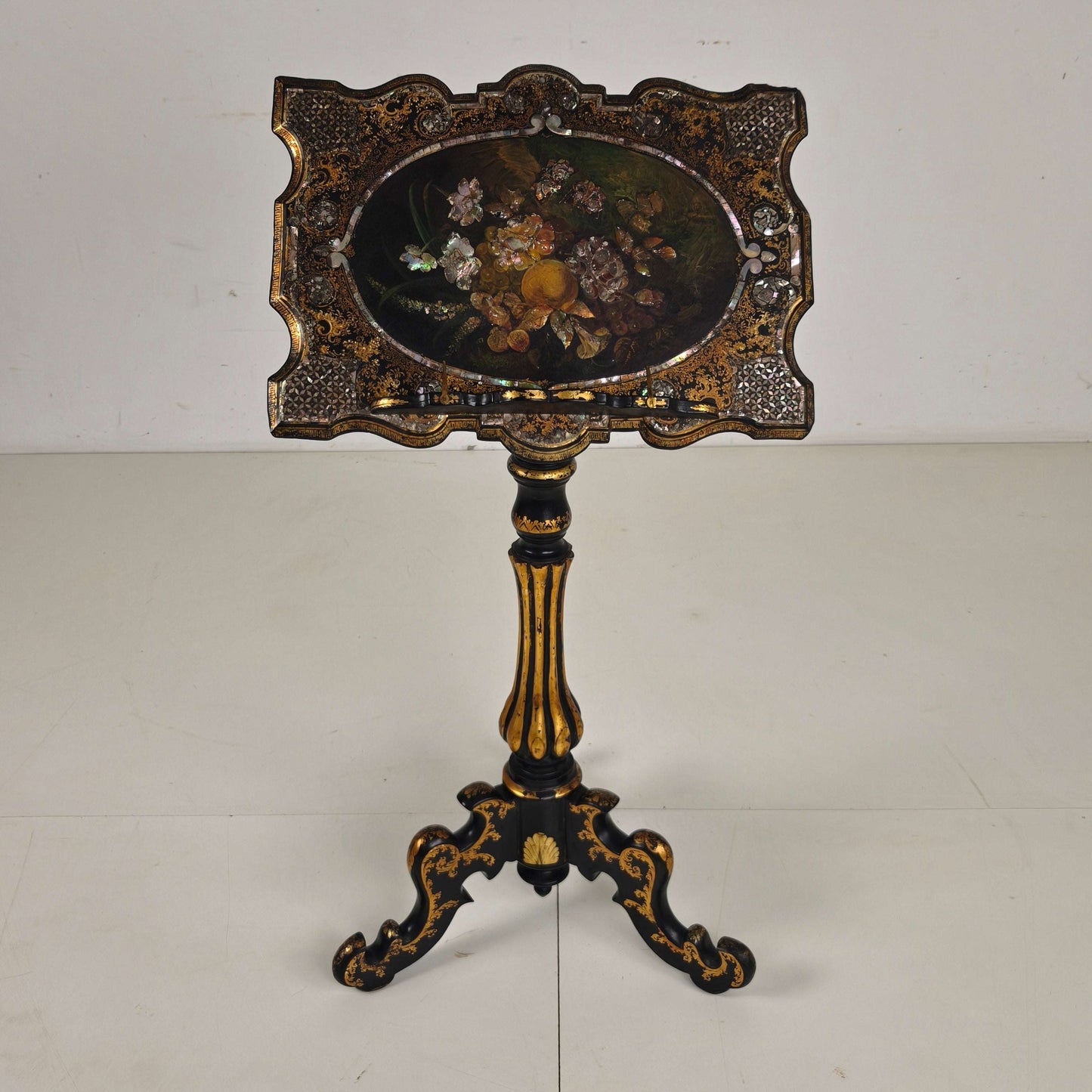 Antique French Papier-Mâché Lacquer Music Stand with Mother of Pearl Inlay c.1880 Antique French Papier-Mâché Lacquer Music Stand with Mother of Pearl Inlay c.1880