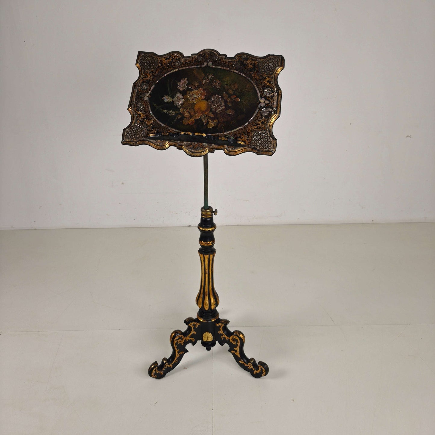 Antique French Papier-Mâché Lacquer Music Stand with Mother of Pearl Inlay c.1880 Antique French Papier-Mâché Lacquer Music Stand with Mother of Pearl Inlay c.1880
