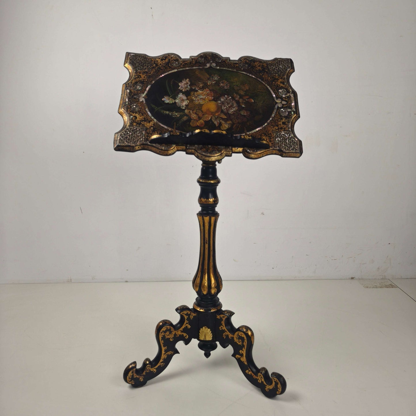 Antique French Papier-Mâché Lacquer Music Stand with Mother of Pearl Inlay c.1880 Antique French Papier-Mâché Lacquer Music Stand with Mother of Pearl Inlay c.1880
