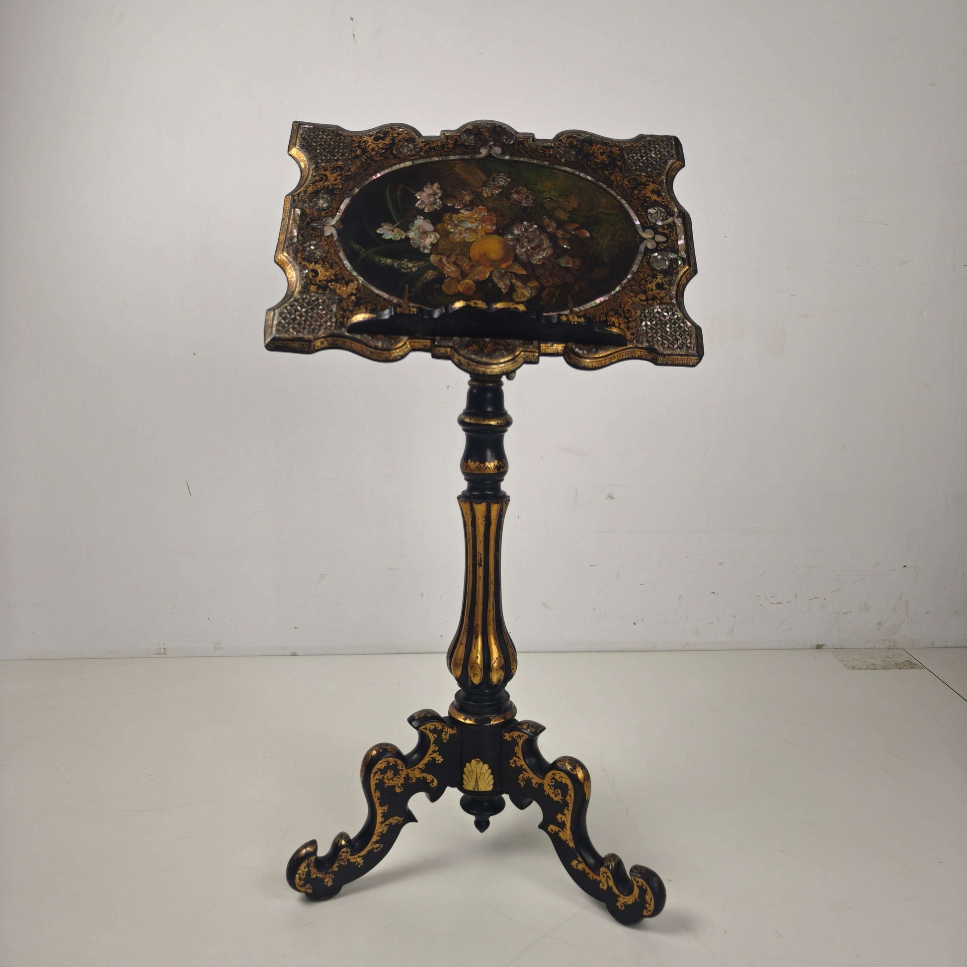 Antique French Papier-Mâché Lacquer Music Stand with Mother of Pearl Inlay c.1880 Antique French Papier-Mâché Lacquer Music Stand with Mother of Pearl Inlay c.1880