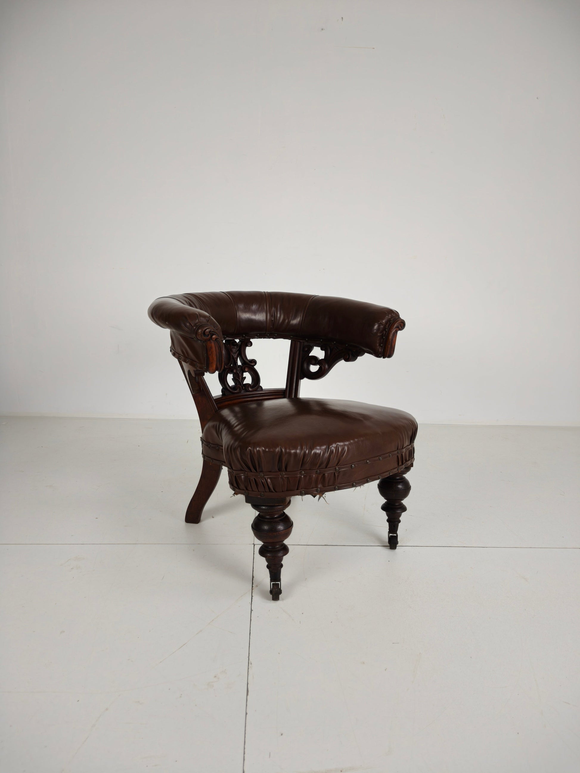 Antique Leather Armchair by Robson & Son – Carved Wood & Castors, Newcastle Antique Leather Armchair by Robson & Son – Carved Wood & Castors, Newcastle