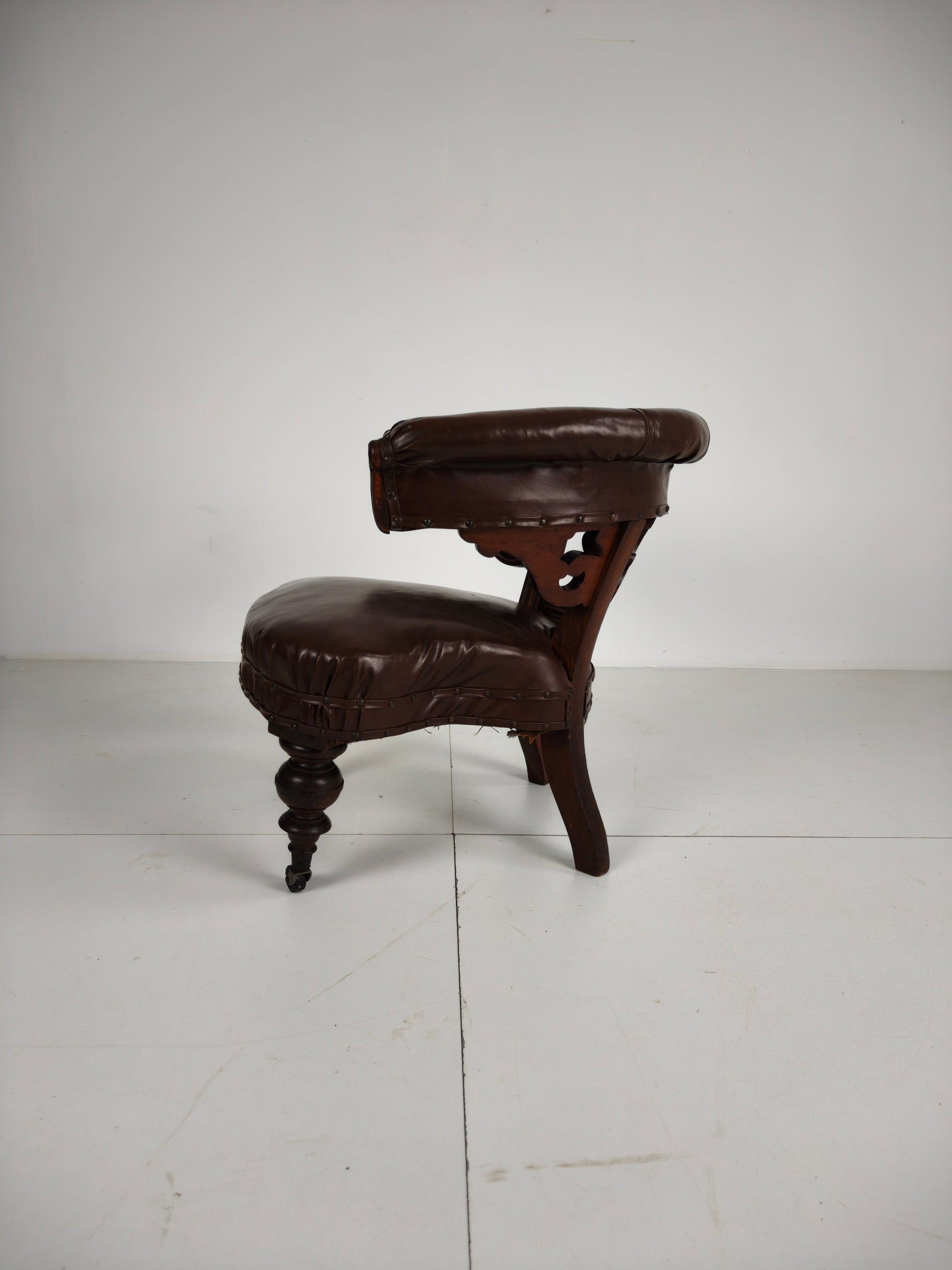 Antique Leather Armchair by Robson & Son – Carved Wood & Castors, Newcastle Antique Leather Armchair by Robson & Son – Carved Wood & Castors, Newcastle