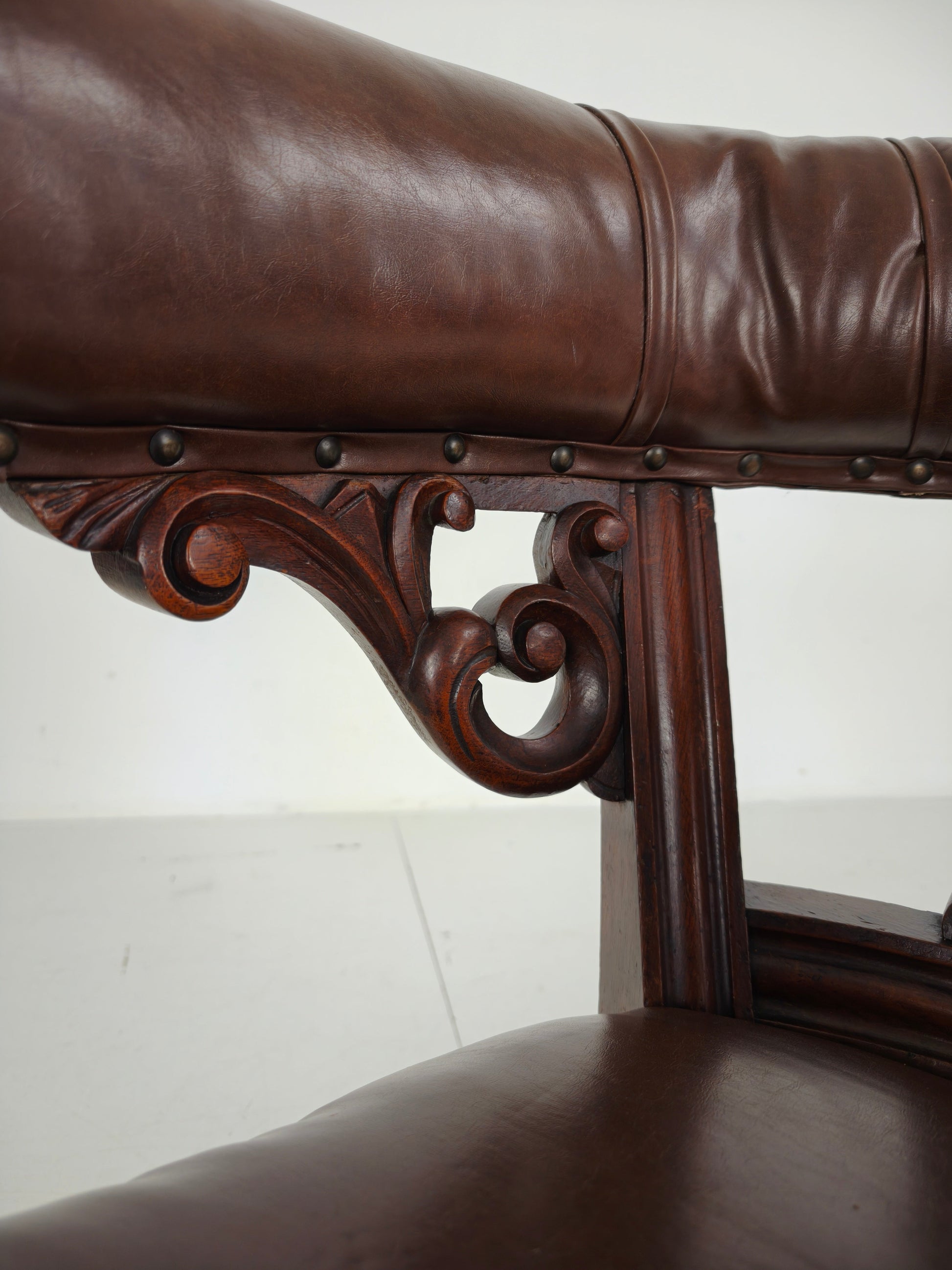 Antique Leather Armchair by Robson & Son – Carved Wood & Castors, Newcastle Antique Leather Armchair by Robson & Son – Carved Wood & Castors, Newcastle