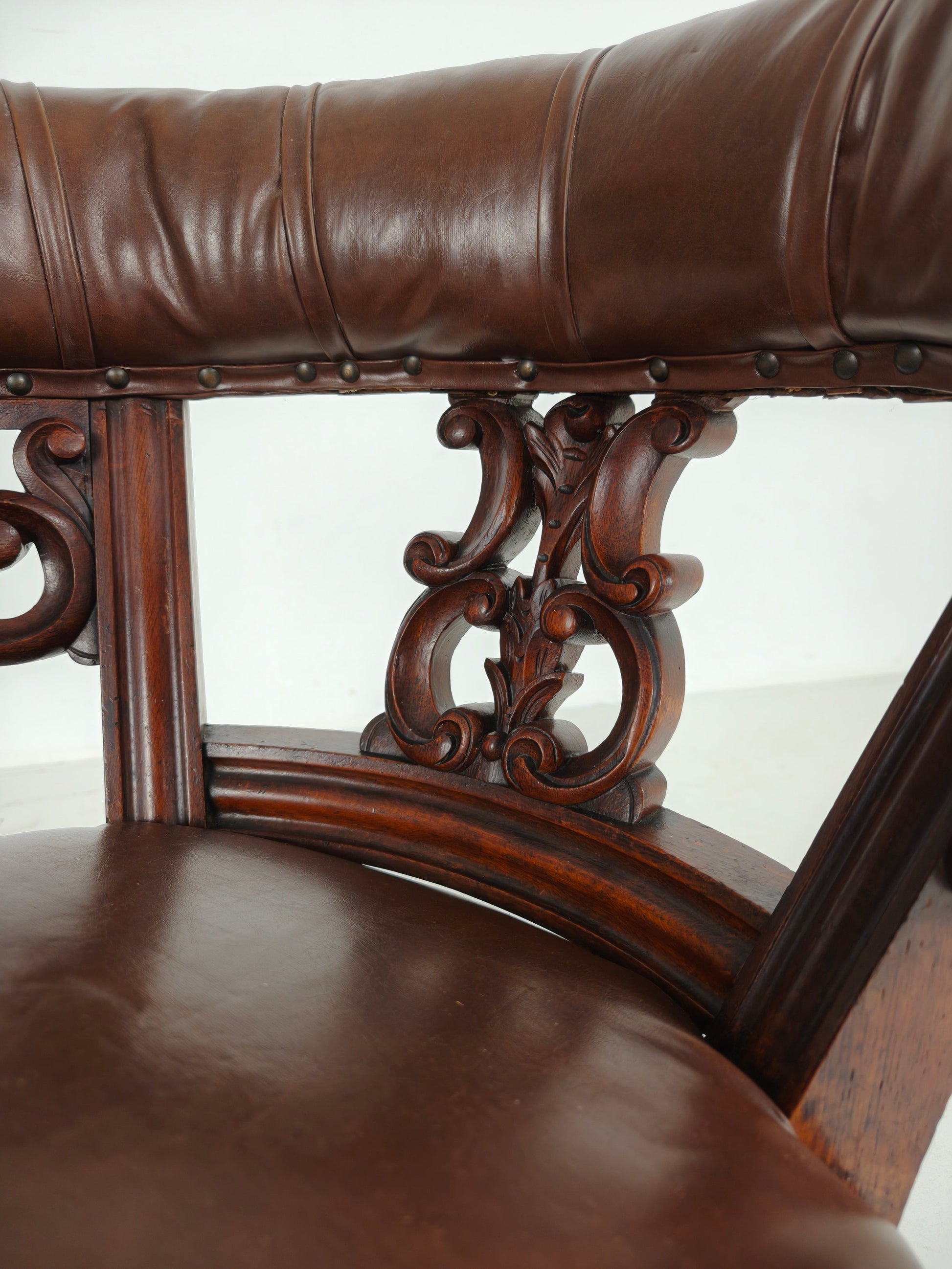 Antique Leather Armchair by Robson & Son – Carved Wood & Castors, Newcastle Antique Leather Armchair by Robson & Son – Carved Wood & Castors, Newcastle