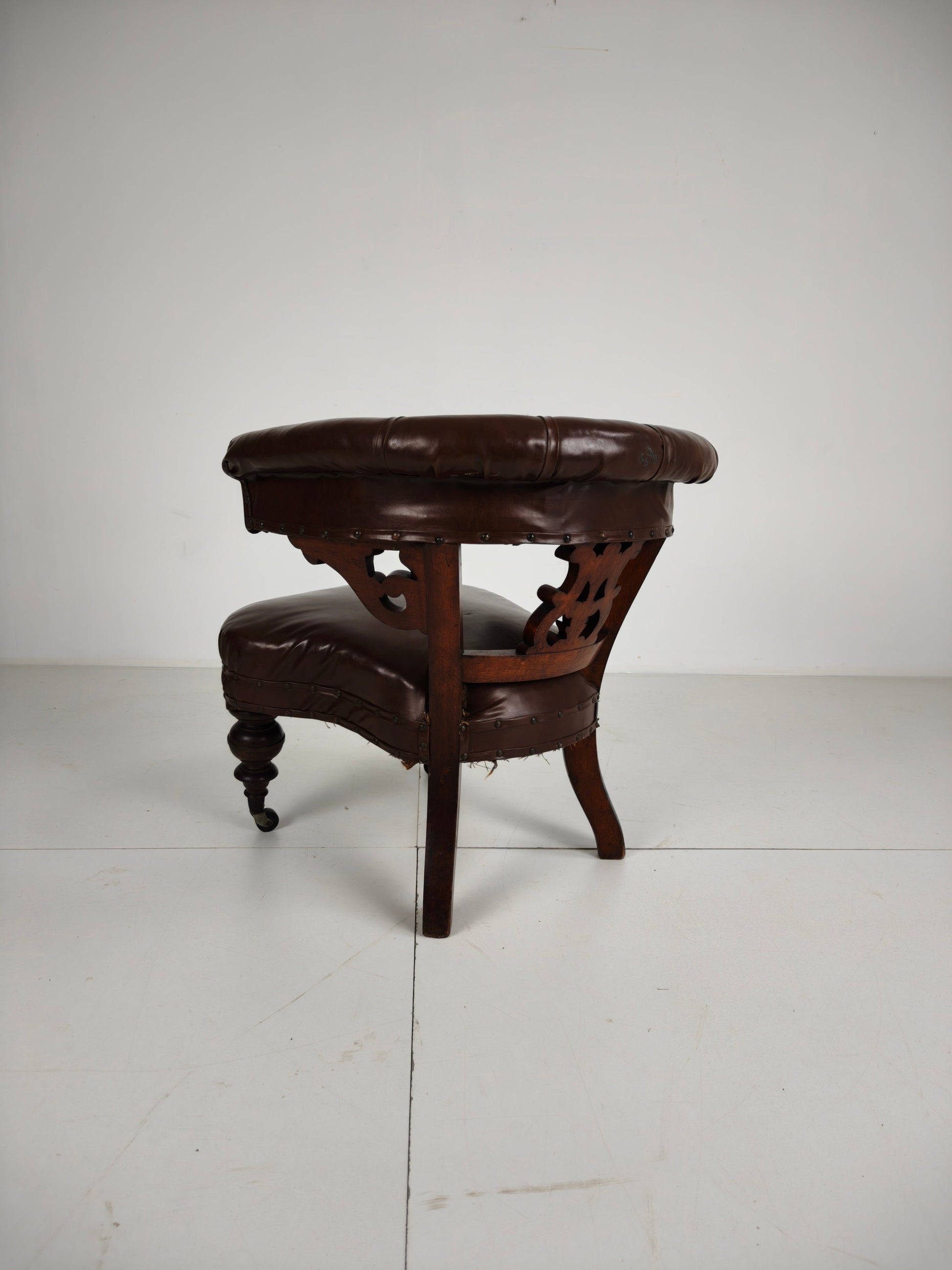 Antique Leather Armchair by Robson & Son – Carved Wood & Castors, Newcastle Antique Leather Armchair by Robson & Son – Carved Wood & Castors, Newcastle