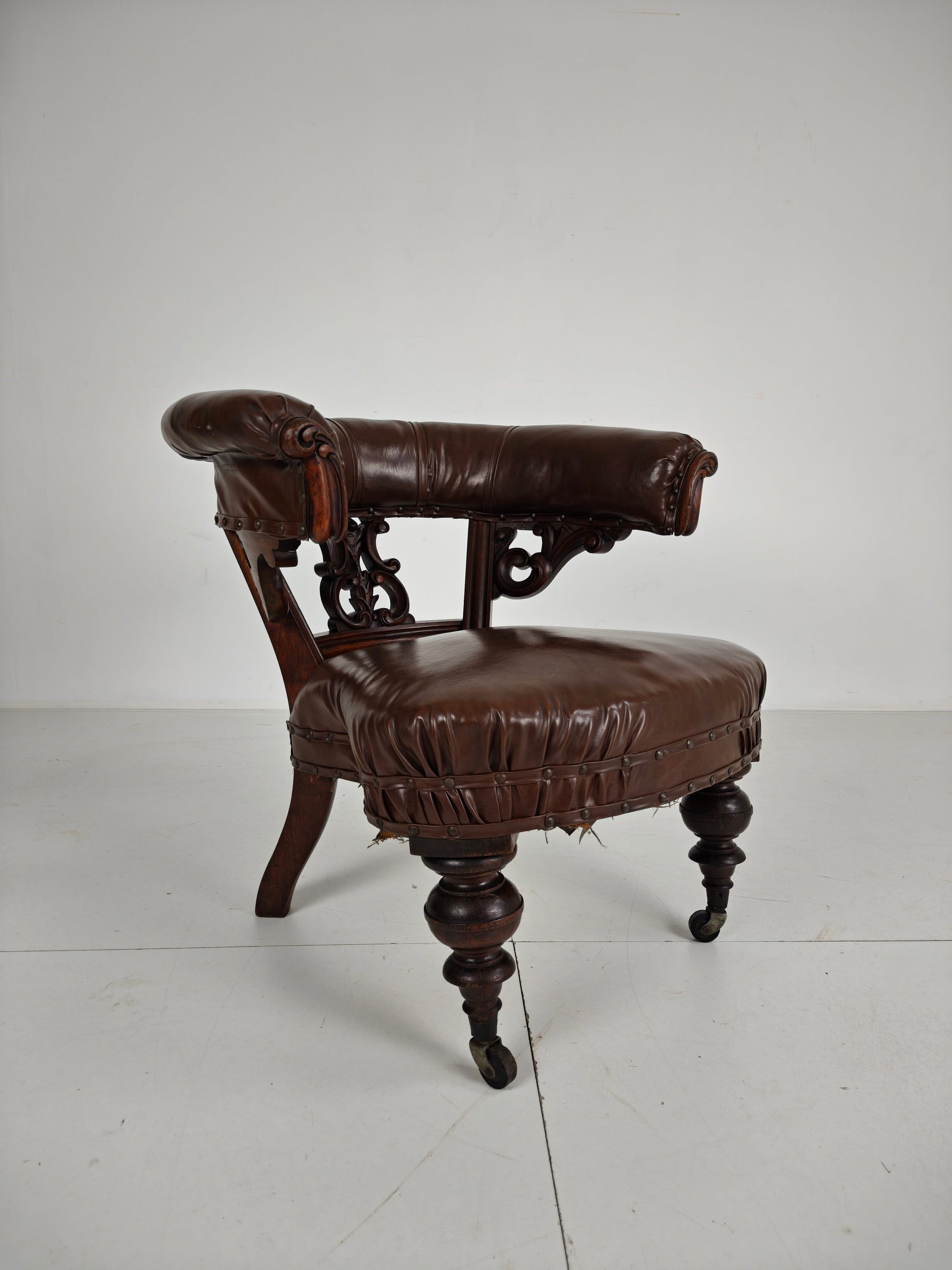 Antique Leather Armchair by Robson & Son – Carved Wood & Castors, Newcastle Antique Leather Armchair by Robson & Son – Carved Wood & Castors, Newcastle