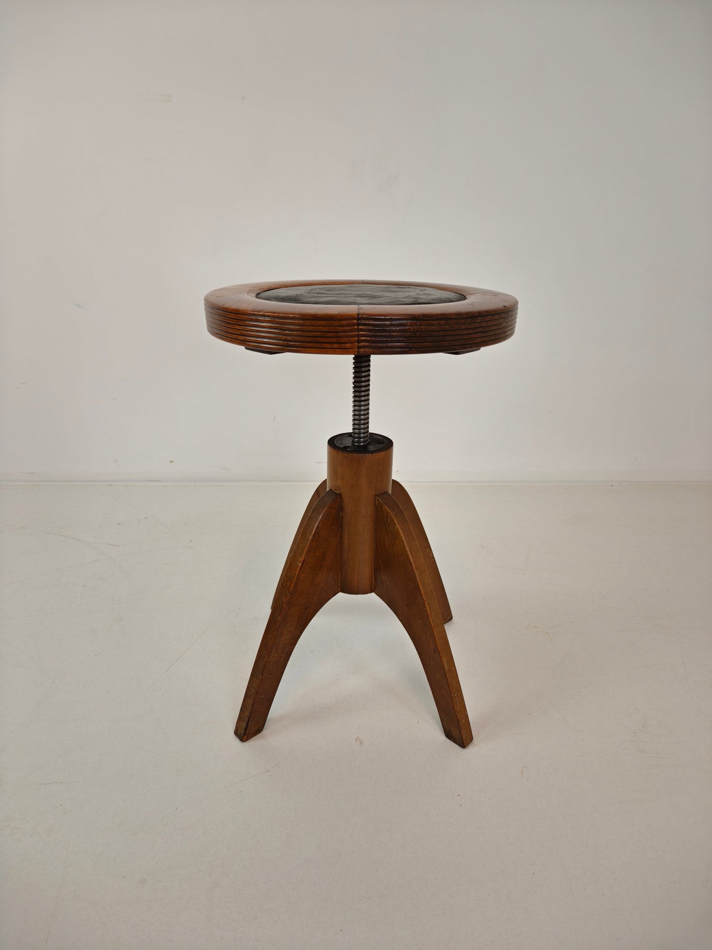 Art Deco Adjustable Piano Stool with Leather Seat – c.1920s Art Deco Adjustable Piano Stool with Leather Seat – c.1920s