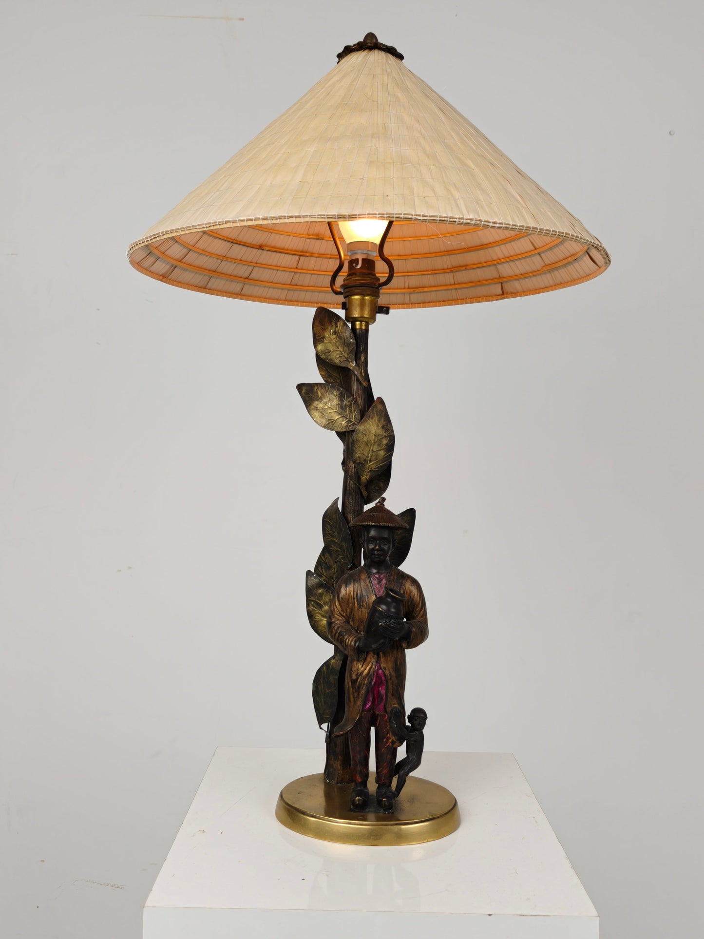 Beautiful Chinoiserie Bronze Table Lamp with Boy, Monkey & Tree – c.1940 Beautiful Chinoiserie Bronze Table Lamp with Boy, Monkey & Tree – c.1940