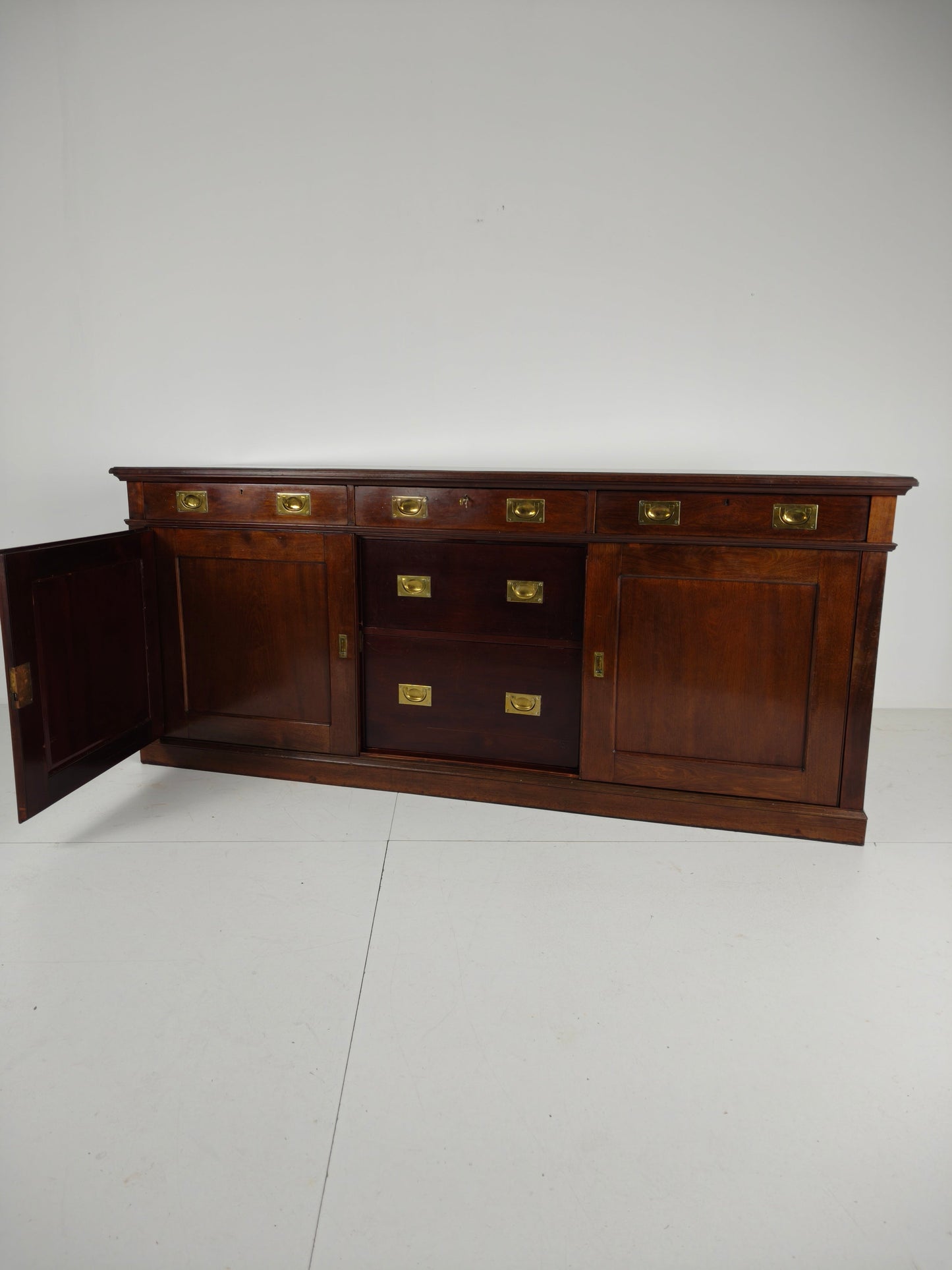 Early 20th-Century English Mahogany Dresser / Sideboard – Brass Campaign Hardware Early 20th-Century English Mahogany Dresser / Sideboard – Brass Campaign Hardware