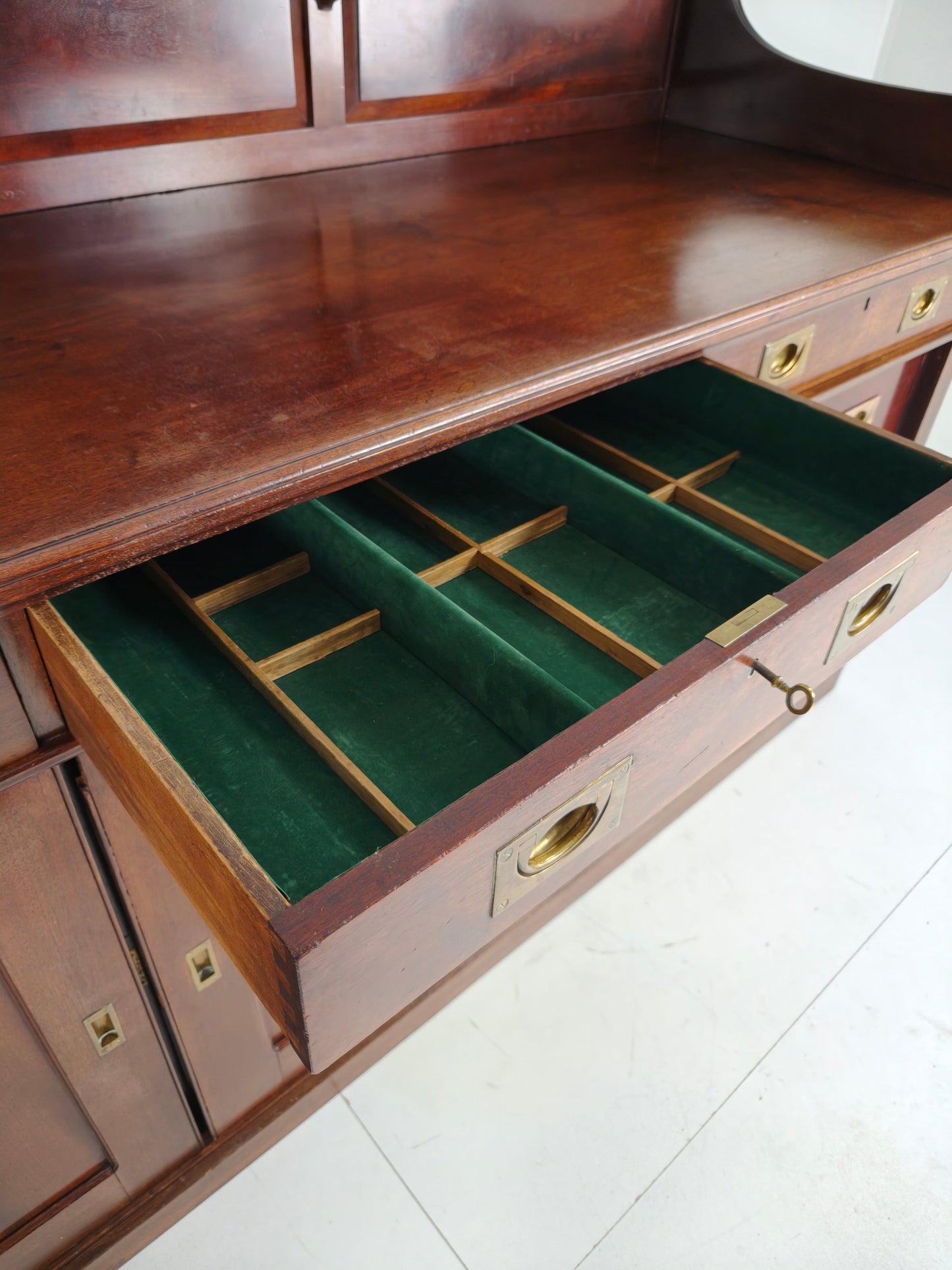 Early 20th-Century English Mahogany Dresser / Sideboard – Brass Campaign Hardware Early 20th-Century English Mahogany Dresser / Sideboard – Brass Campaign Hardware