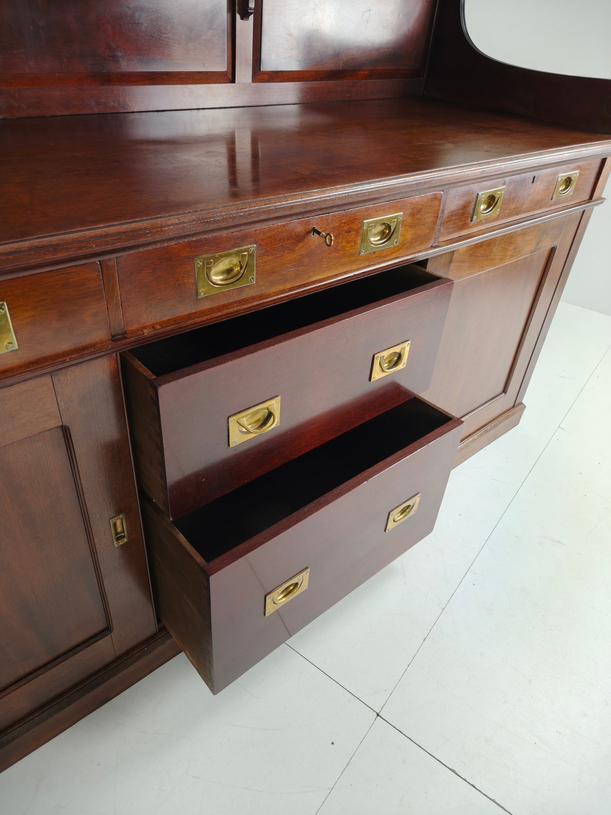 Early 20th-Century English Mahogany Dresser / Sideboard – Brass Campaign Hardware Early 20th-Century English Mahogany Dresser / Sideboard – Brass Campaign Hardware