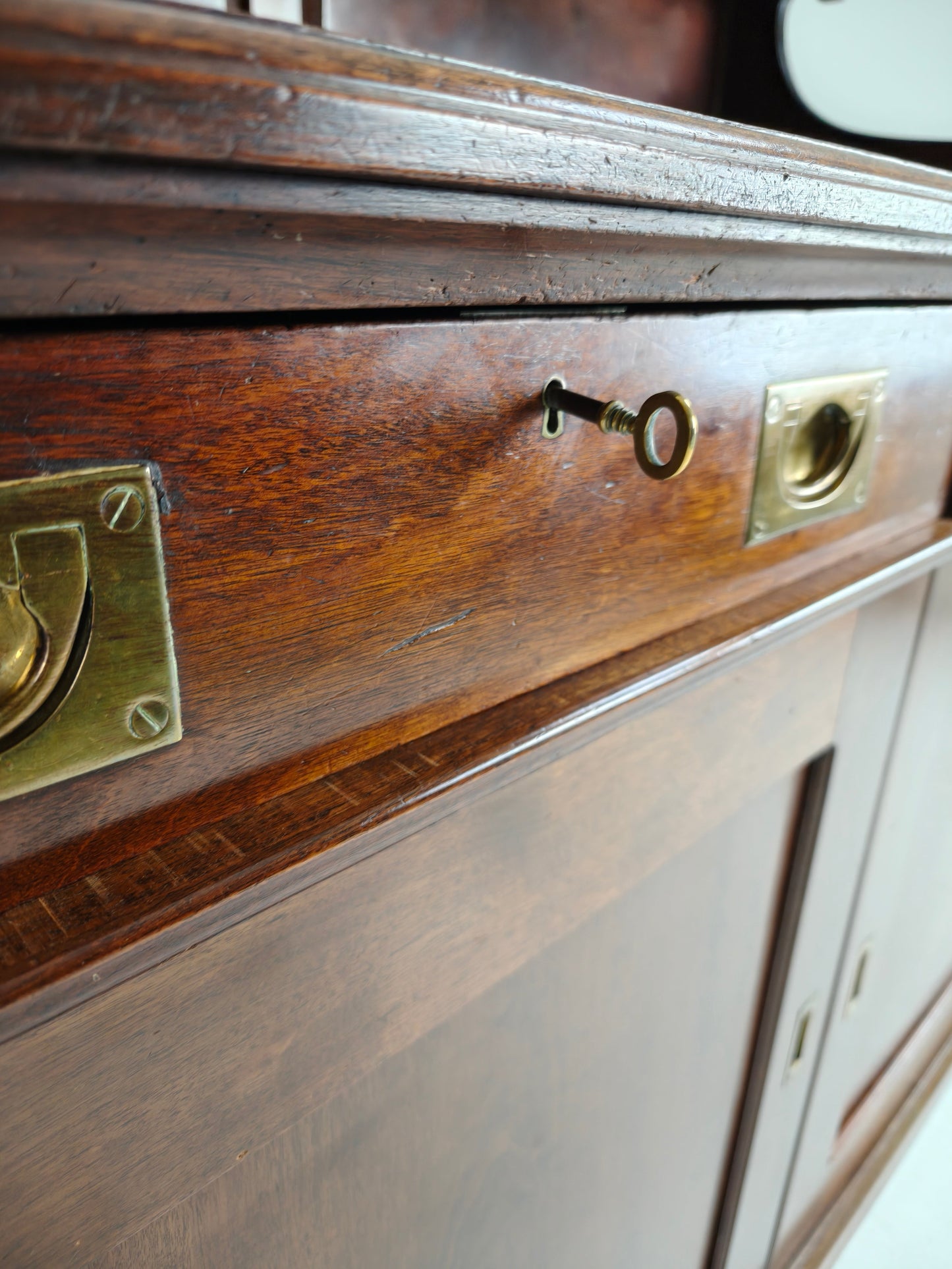 Early 20th-Century English Mahogany Dresser / Sideboard – Brass Campaign Hardware Early 20th-Century English Mahogany Dresser / Sideboard – Brass Campaign Hardware