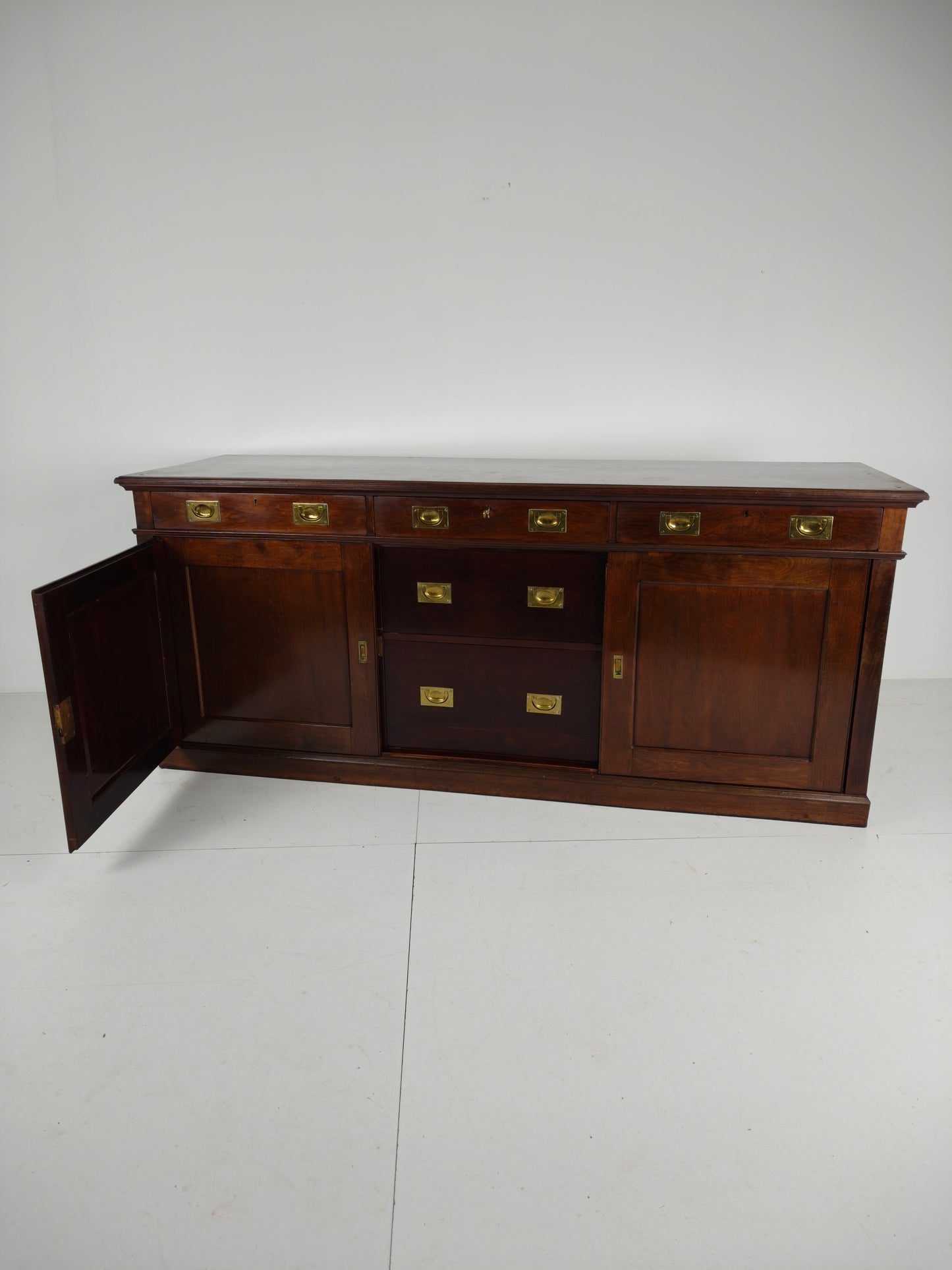 Early 20th-Century English Mahogany Dresser / Sideboard – Brass Campaign Hardware Early 20th-Century English Mahogany Dresser / Sideboard – Brass Campaign Hardware