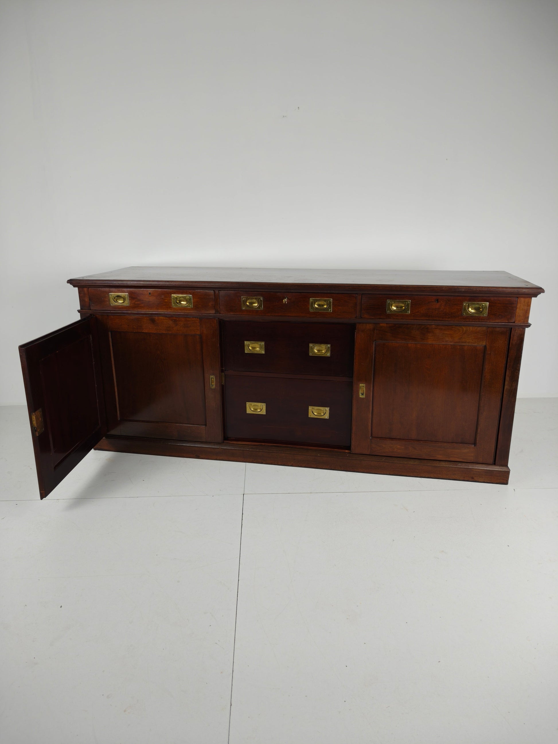 Early 20th-Century English Mahogany Dresser / Sideboard – Brass Campaign Hardware Early 20th-Century English Mahogany Dresser / Sideboard – Brass Campaign Hardware