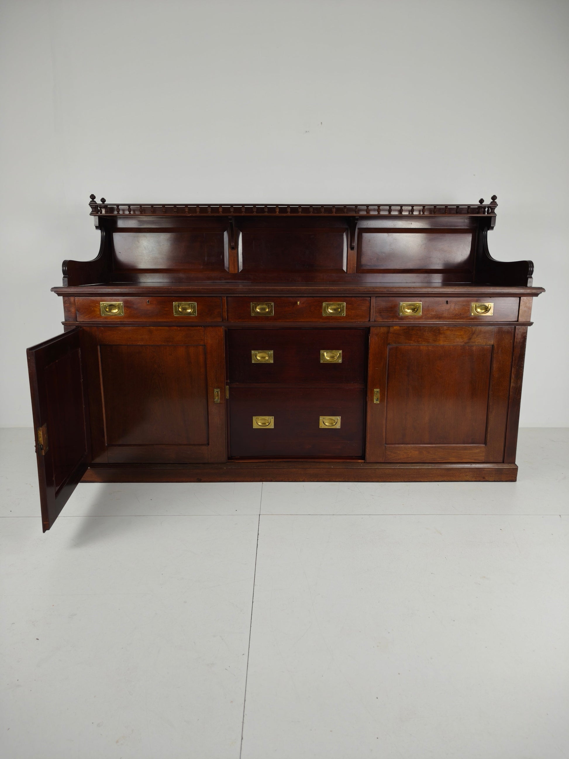Early 20th-Century English Mahogany Dresser / Sideboard – Brass Campaign Hardware Early 20th-Century English Mahogany Dresser / Sideboard – Brass Campaign Hardware