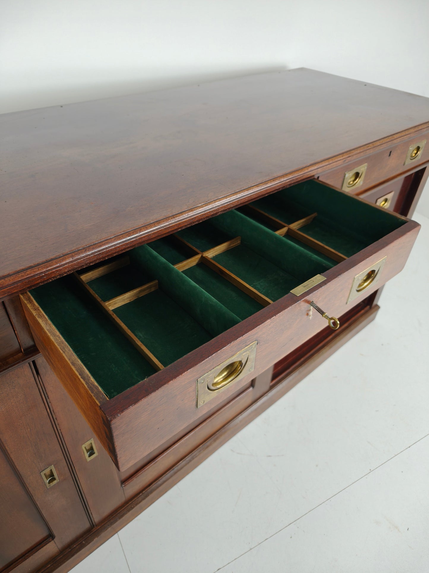 Early 20th-Century English Mahogany Dresser / Sideboard – Brass Campaign Hardware Early 20th-Century English Mahogany Dresser / Sideboard – Brass Campaign Hardware