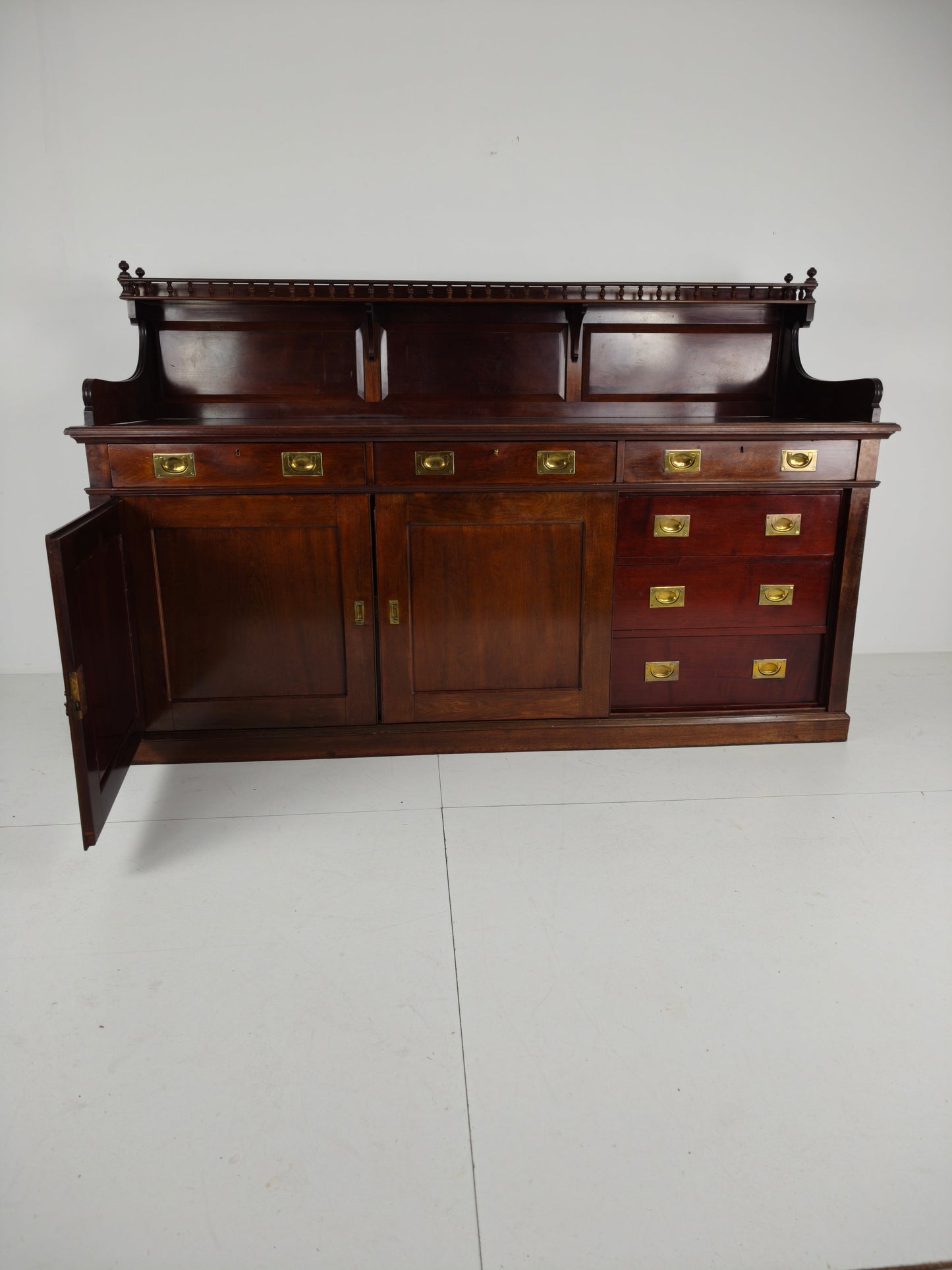 Early 20th-Century English Mahogany Dresser / Sideboard – Brass Campaign Hardware Early 20th-Century English Mahogany Dresser / Sideboard – Brass Campaign Hardware