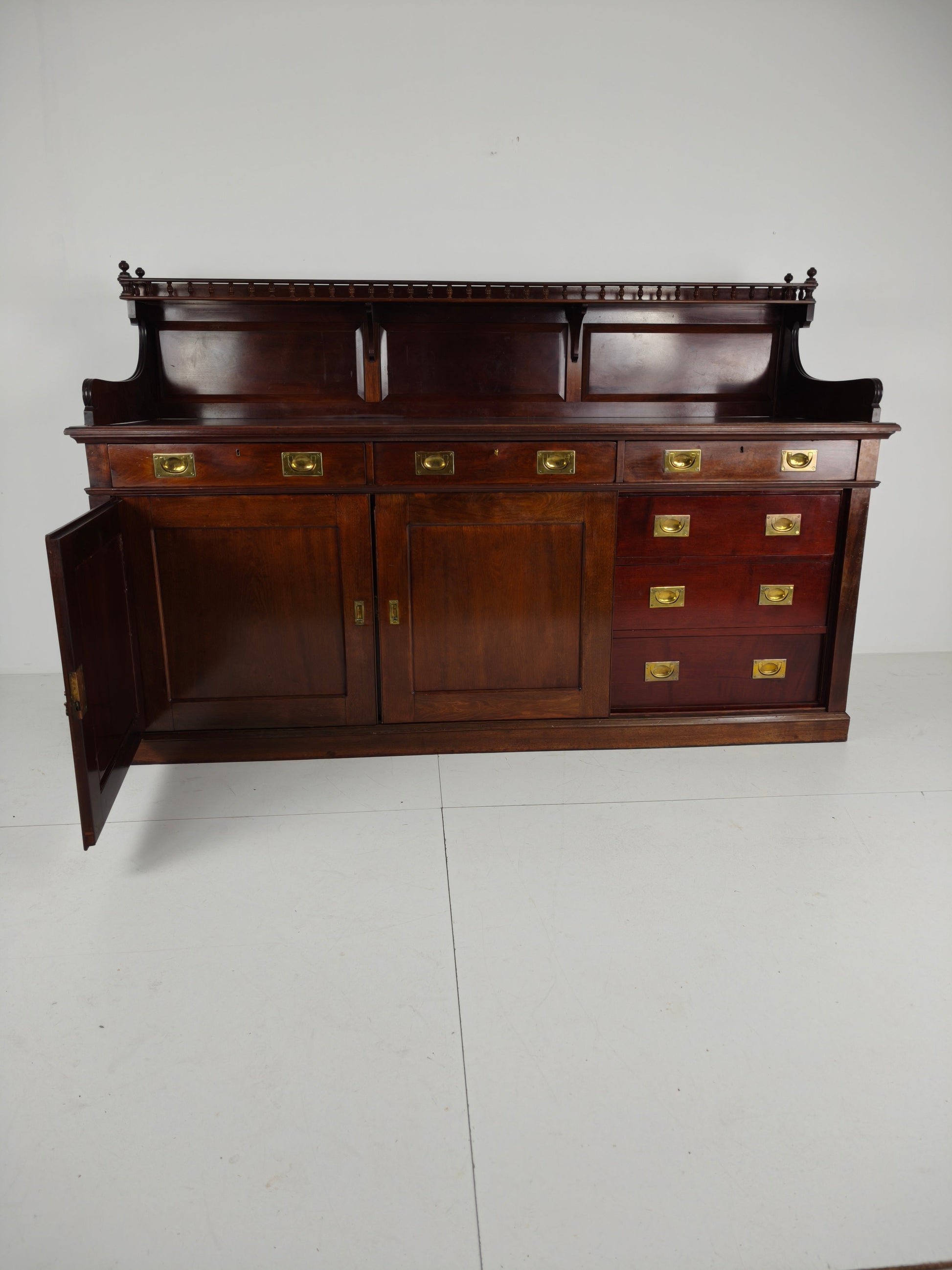 Early 20th-Century English Mahogany Dresser / Sideboard – Brass Campaign Hardware Early 20th-Century English Mahogany Dresser / Sideboard – Brass Campaign Hardware