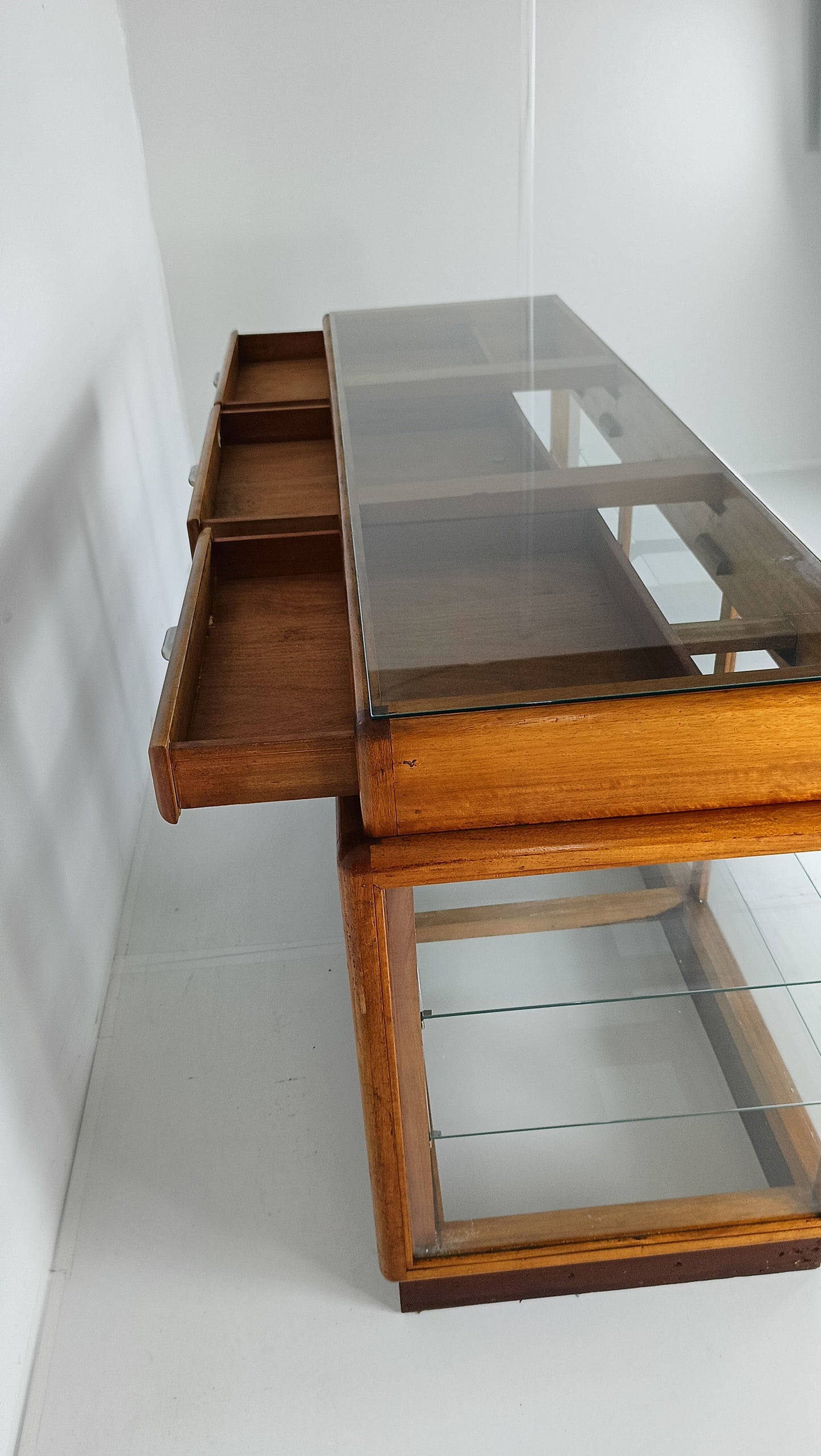Elegant Antique Store Display With Glass Shelves Elegant Antique Store Display With Glass Shelves