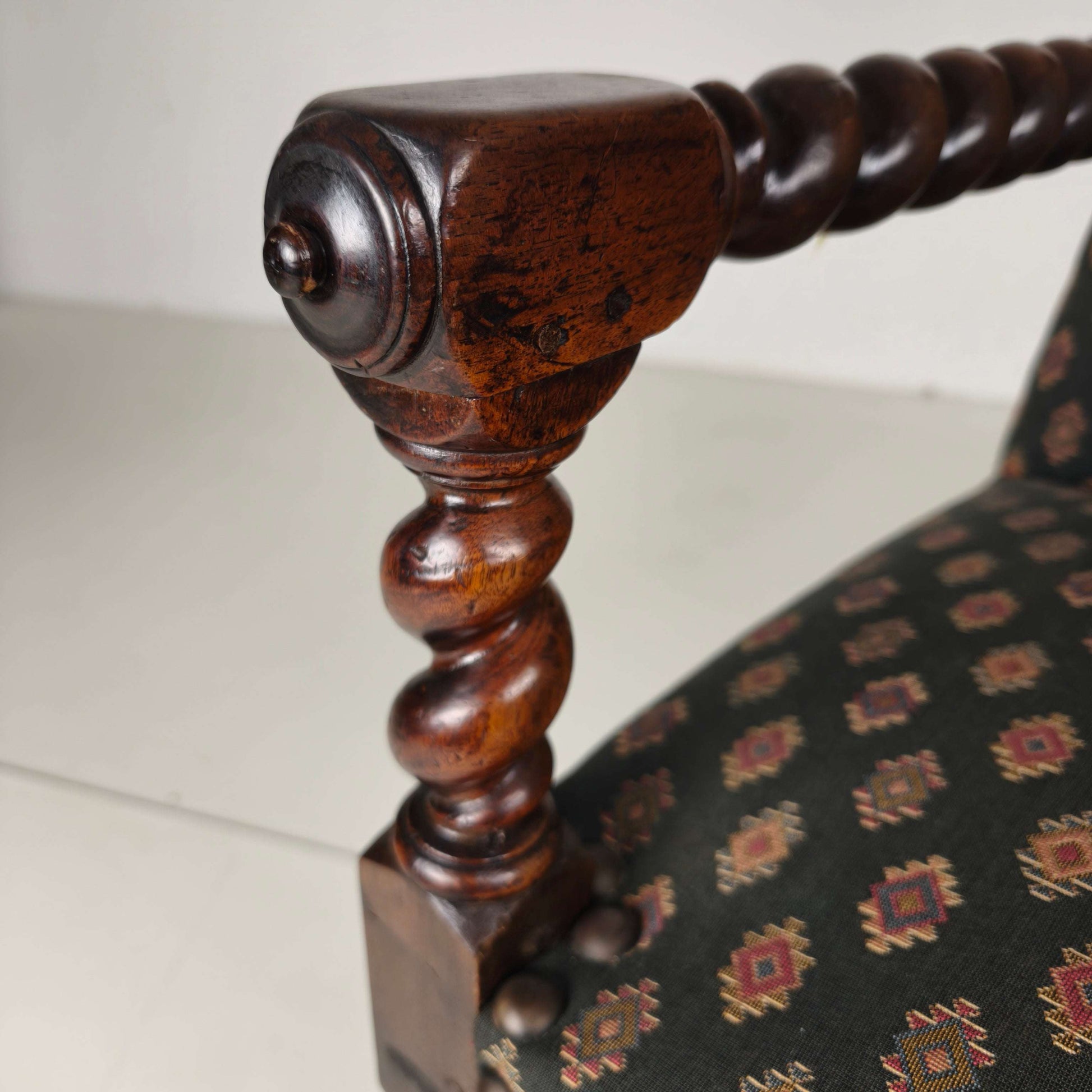 English Barley Twist Library Armchair in Dark Oak, circa 1700 English Barley Twist Library Armchair in Dark Oak, circa 1700