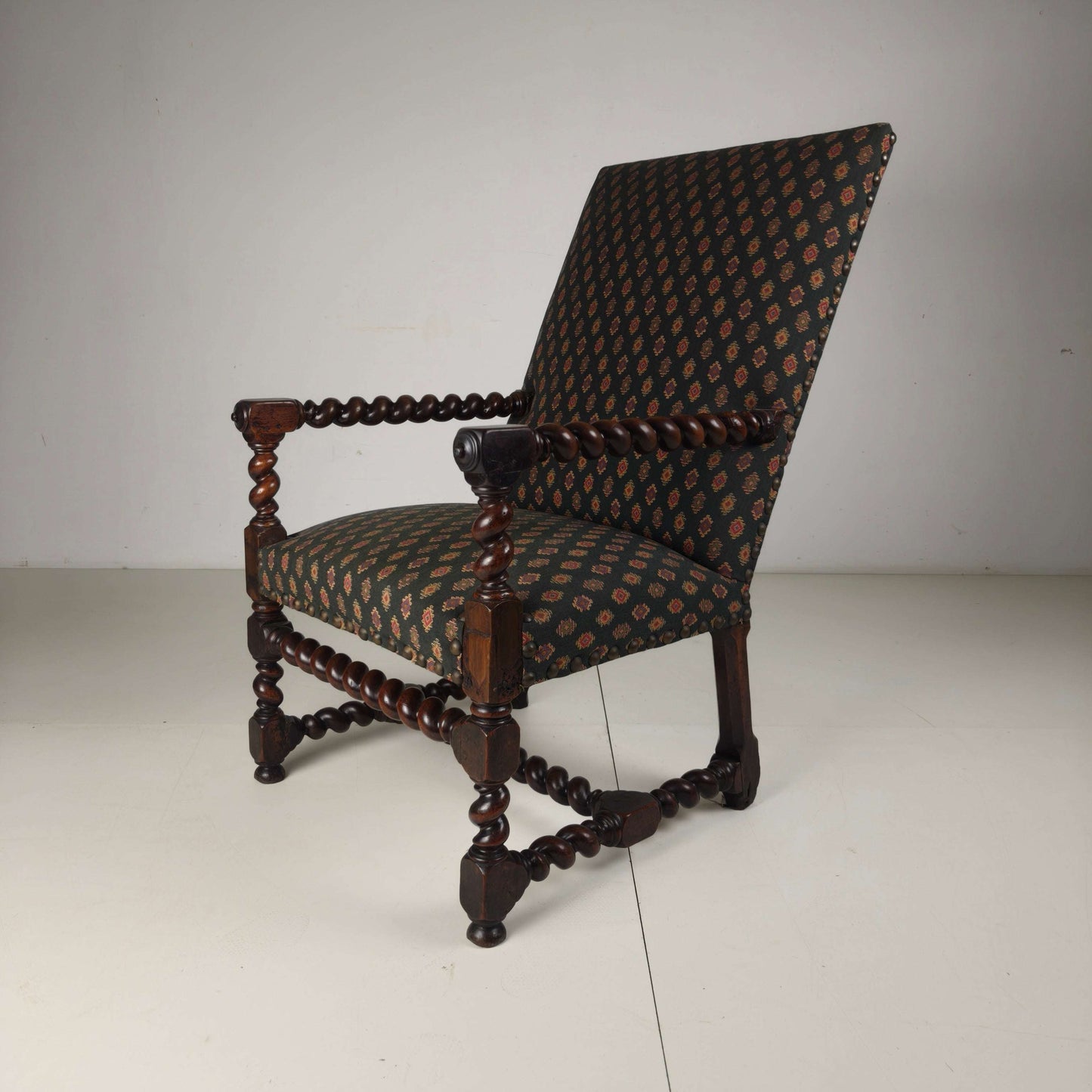 English Barley Twist Library Armchair in Dark Oak, circa 1700 English Barley Twist Library Armchair in Dark Oak, circa 1700